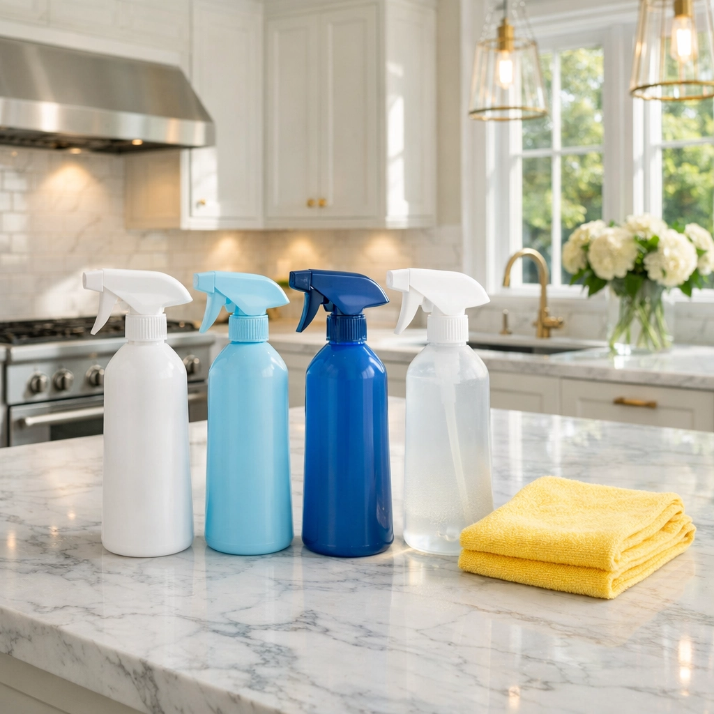 Eco-friendly cleaning supplies on a marble countertop for deep cleaning your Massachusetts home kitchen.