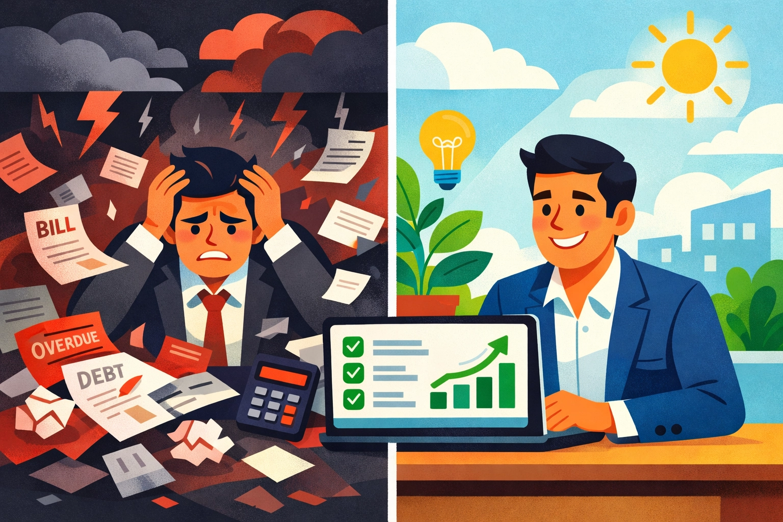 Before and after comparison: chaotic tax documents vs organized financial dashboard