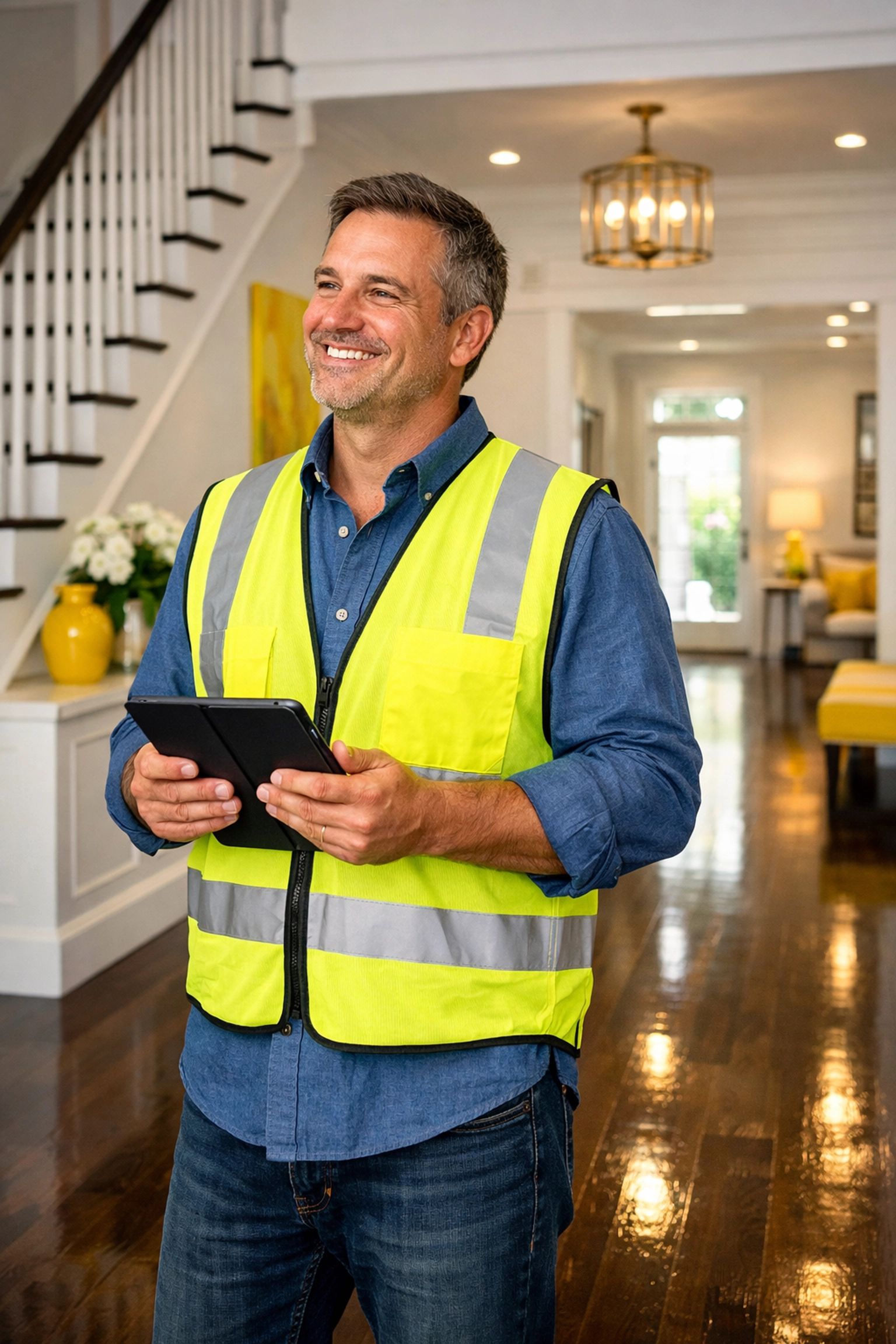 A satisfied General Contractor inspecting results of post-construction cleaning services in Massachusetts.