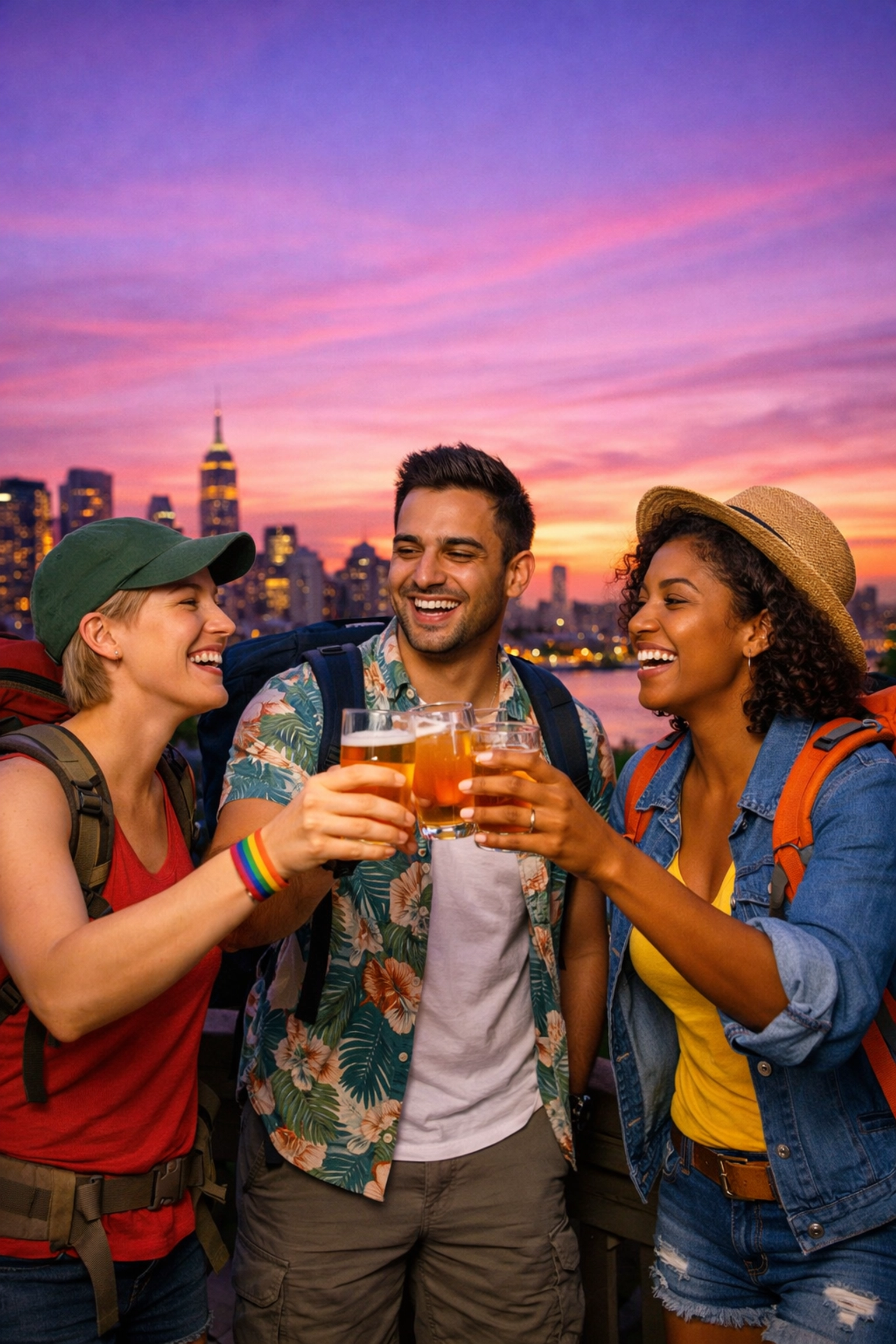 Diverse LGBTQ+ backpackers celebrating on a scenic, inclusive hostel rooftop at sunset.
