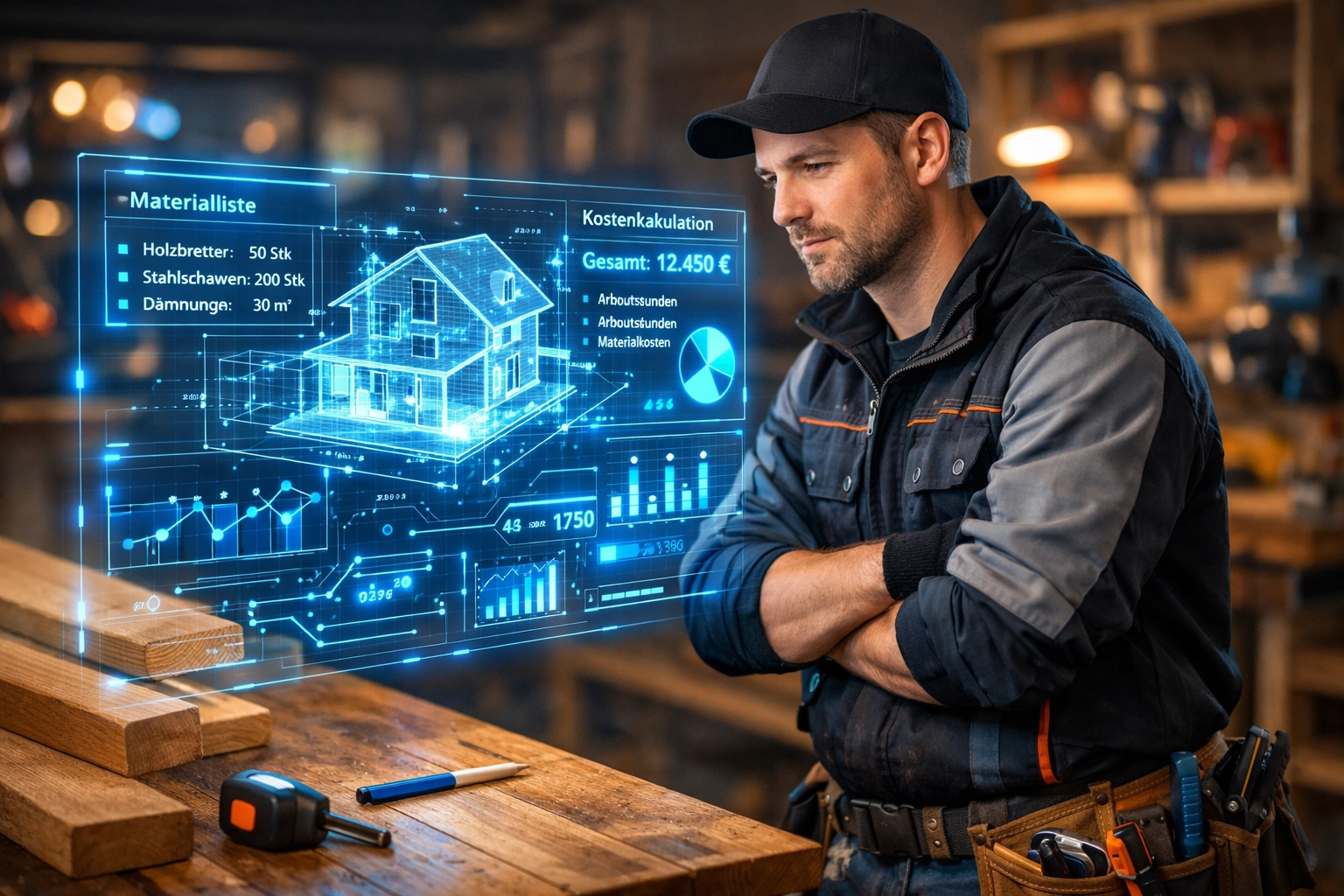 Handwerker nutzt KI im Handwerk Praxisbeispiele zur effizienten Angebotserstellung per Digital-Interface.