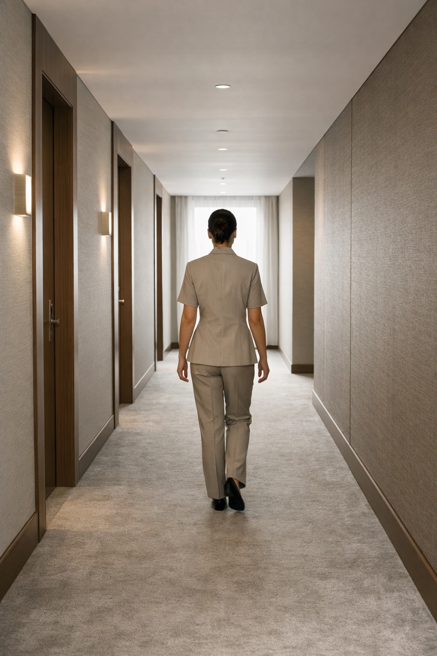 A staff member walking down a clean hotel hallway representing efficient hospitality operations and service.