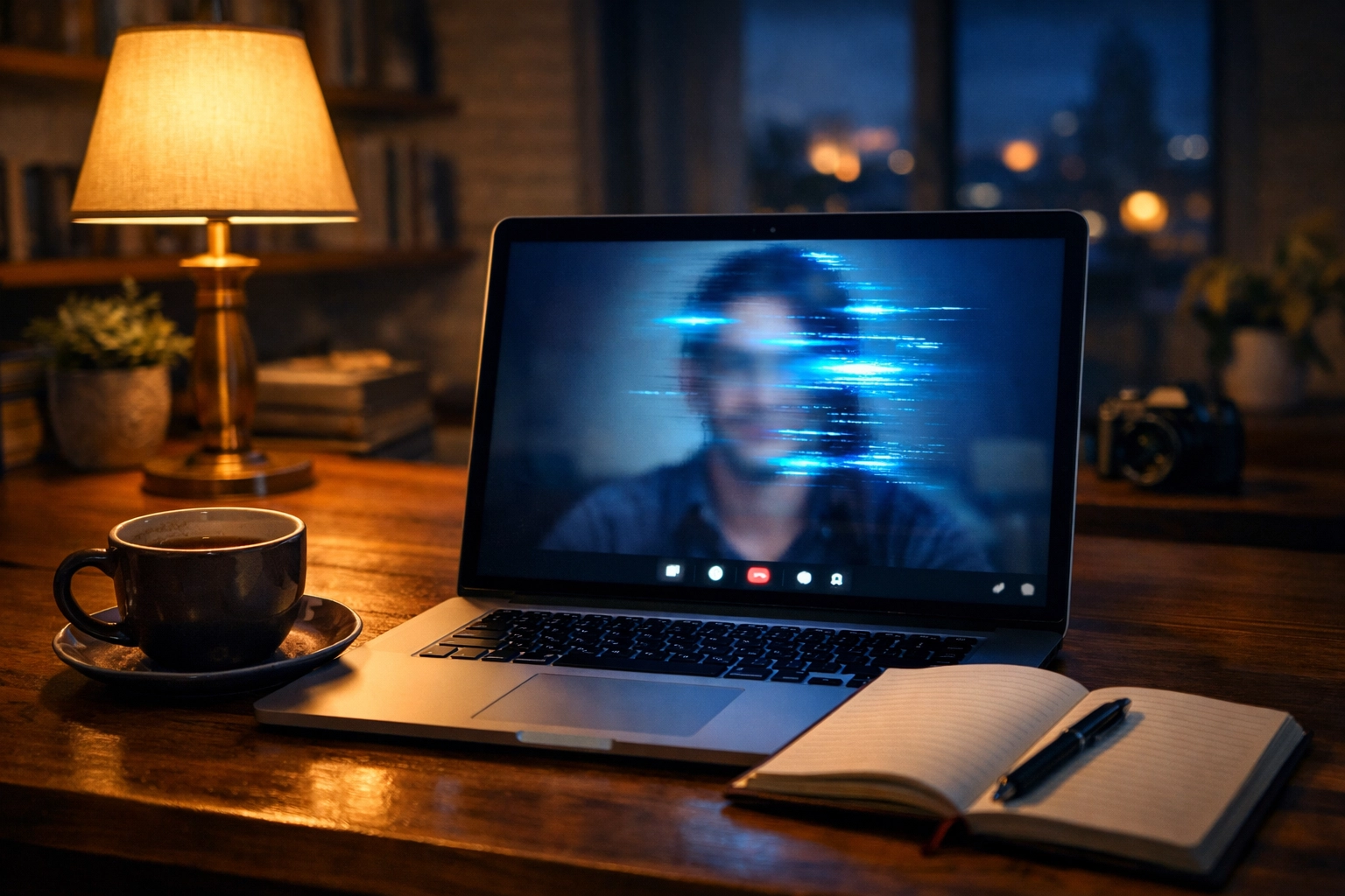 A laptop in a home office showing a glitched video call, illustrating deepfake employment and job scams.