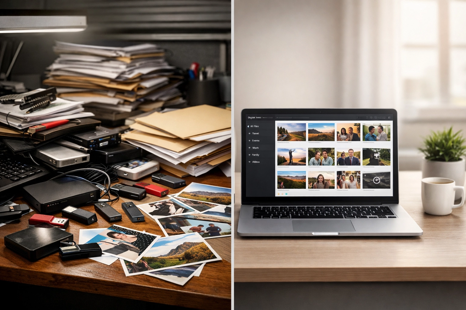 Before and after comparison showing disorganized files versus organized media asset management system