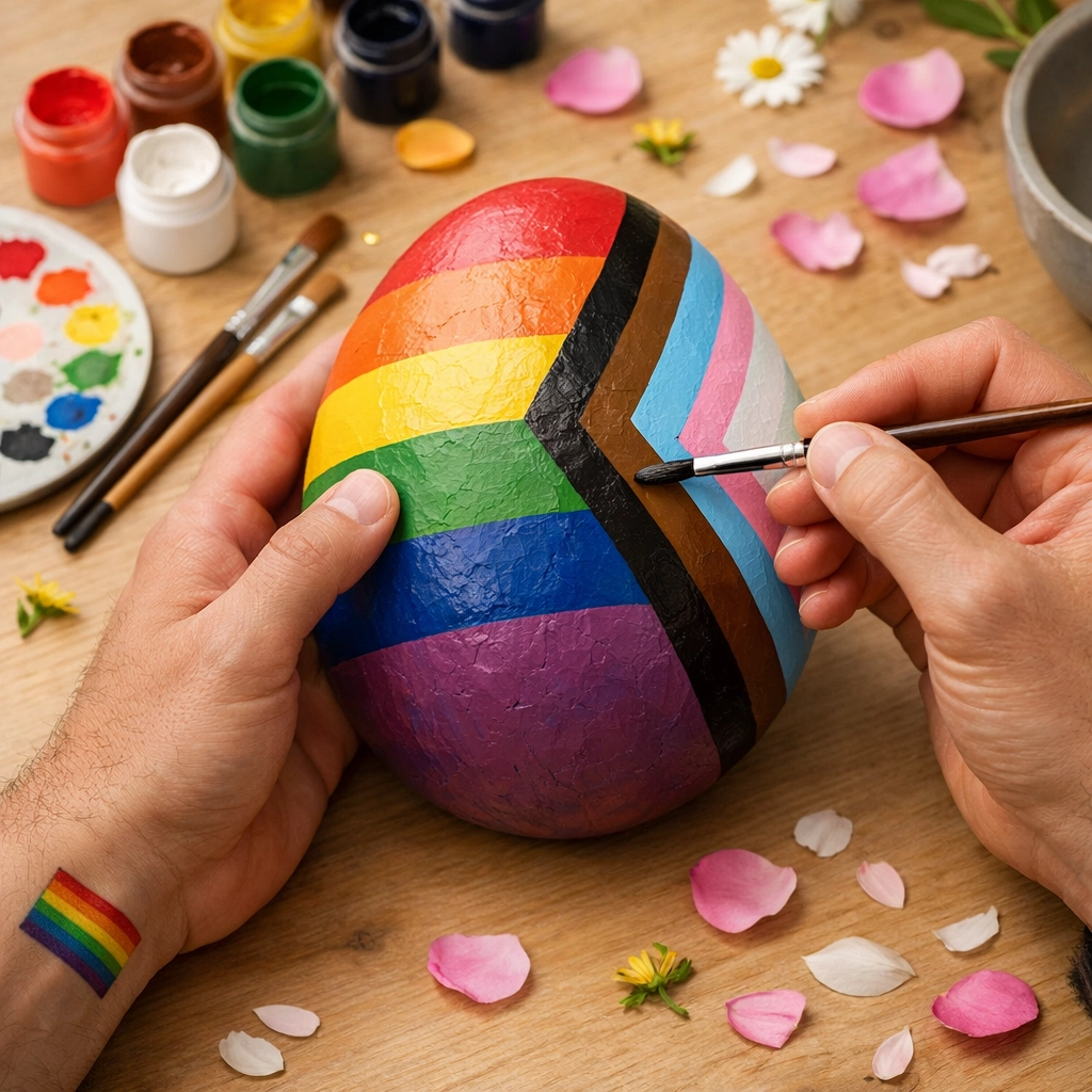 Two men decorating a rainbow-colored Easter egg to celebrate inclusive LGBTQ+ holiday traditions.