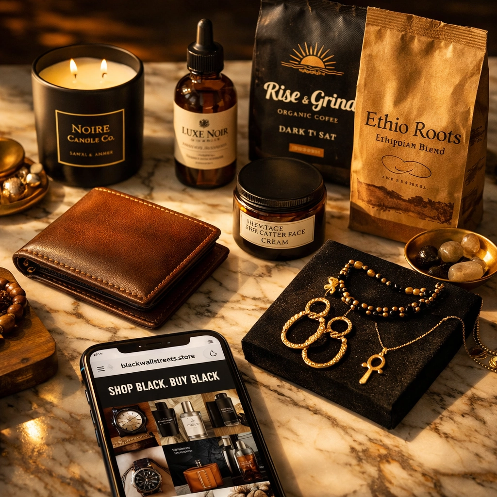 The Ultimate Guide to Buyblack: Everything You Need to Build Economic Power in 2026 Black-owned business products including luxury candles, beauty items, and accessories displayed on marble