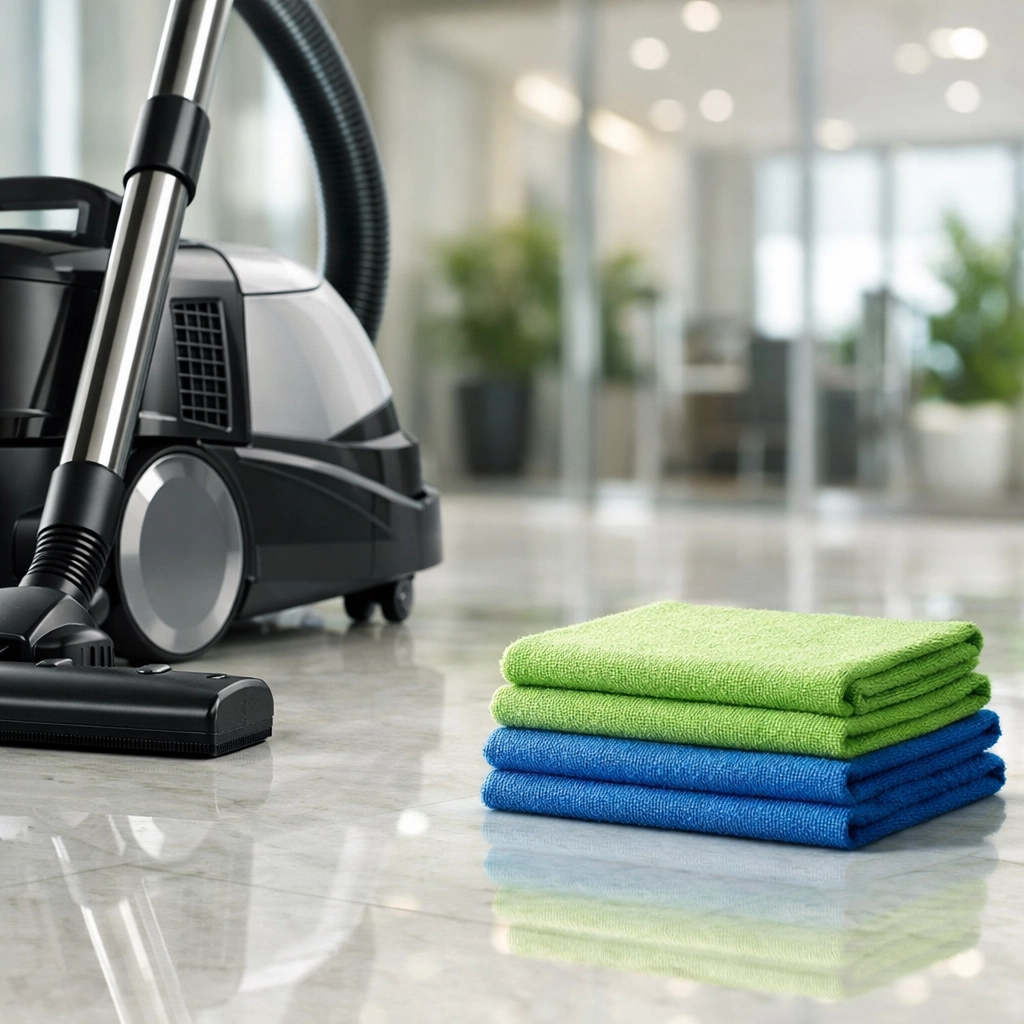 Professional HEPA-filter vacuum and microfiber cloths on a reflective marble floor for commercial cleaning.