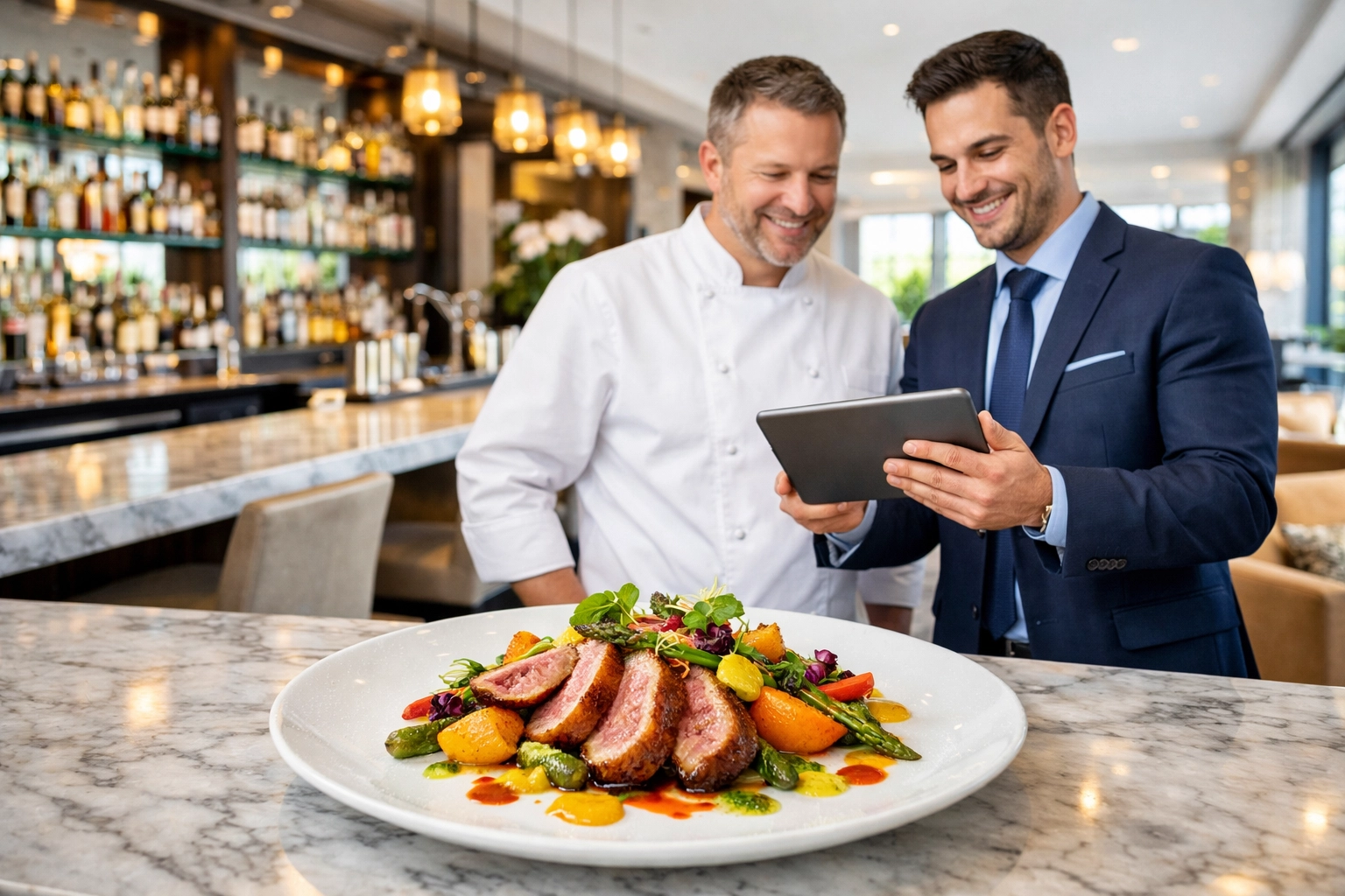 Restaurant consultant and chef collaborating on growth strategies in a modern dining area.