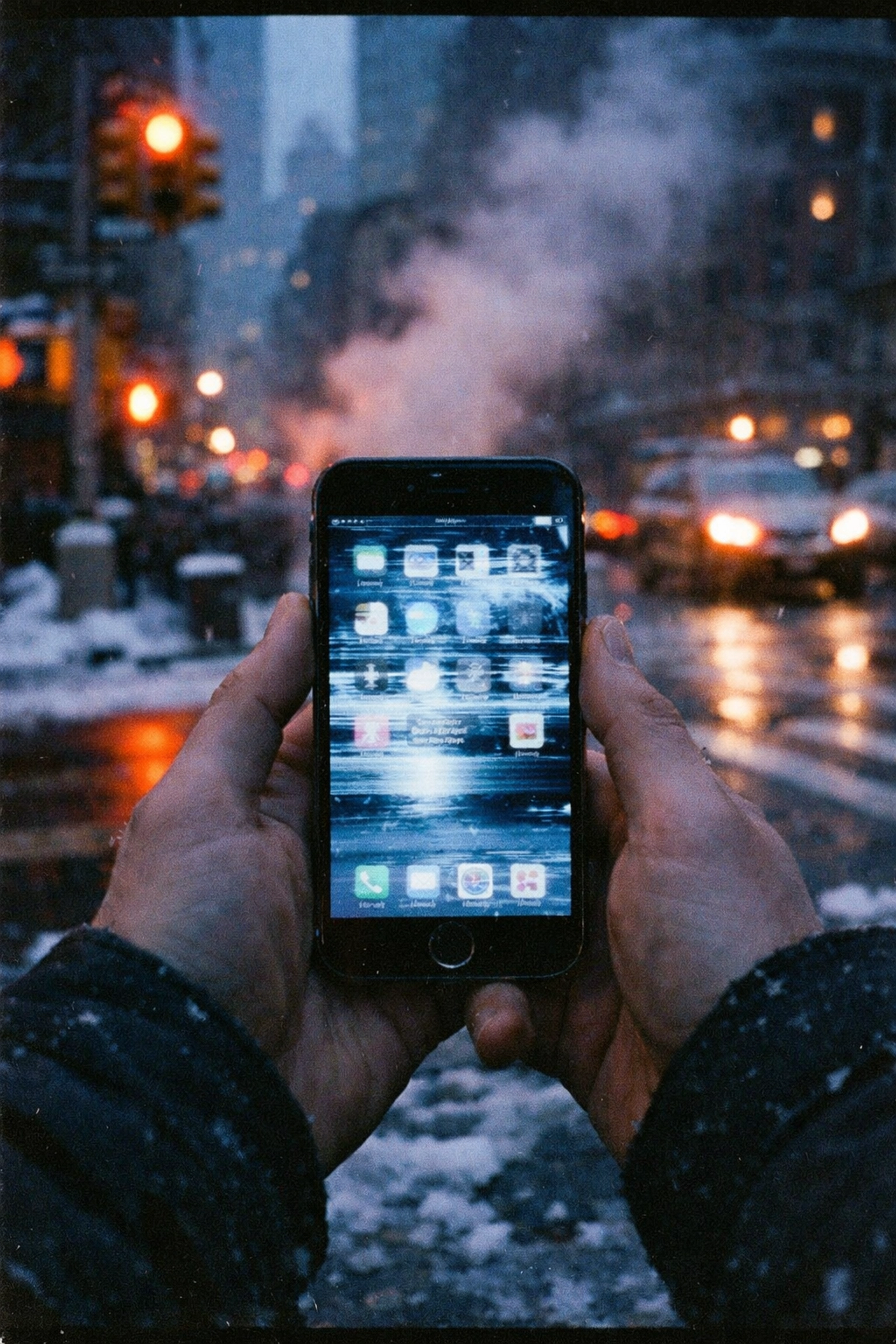 iPhone displaying frozen glitching screen on snowy NYC street corner during winter