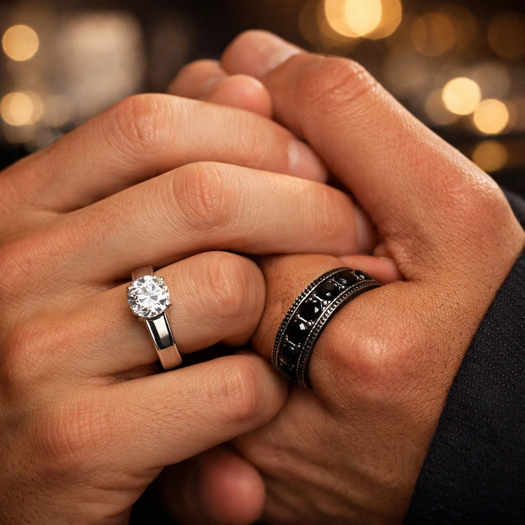 Two men's hands with diamond engagement rings symbolizing gay marriage