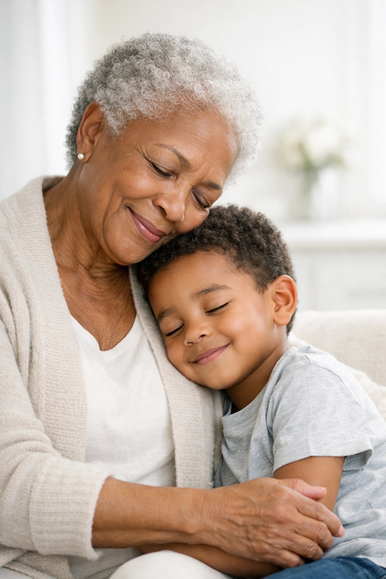 Intergenerational Black family sharing a peaceful moment of connection and support at home.