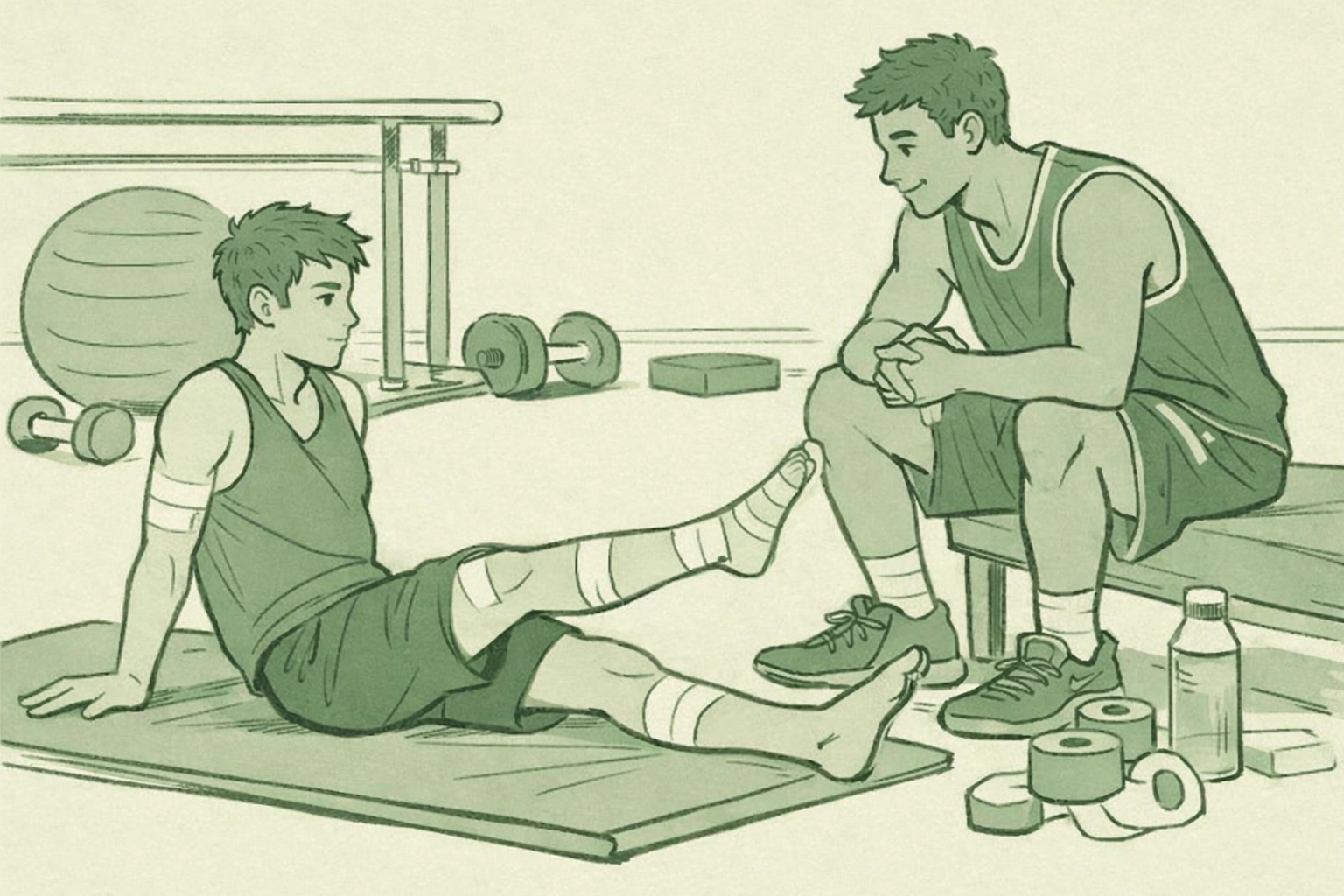 Gymnast doing rehabilitation exercises with basketball player partner providing support and encouragement