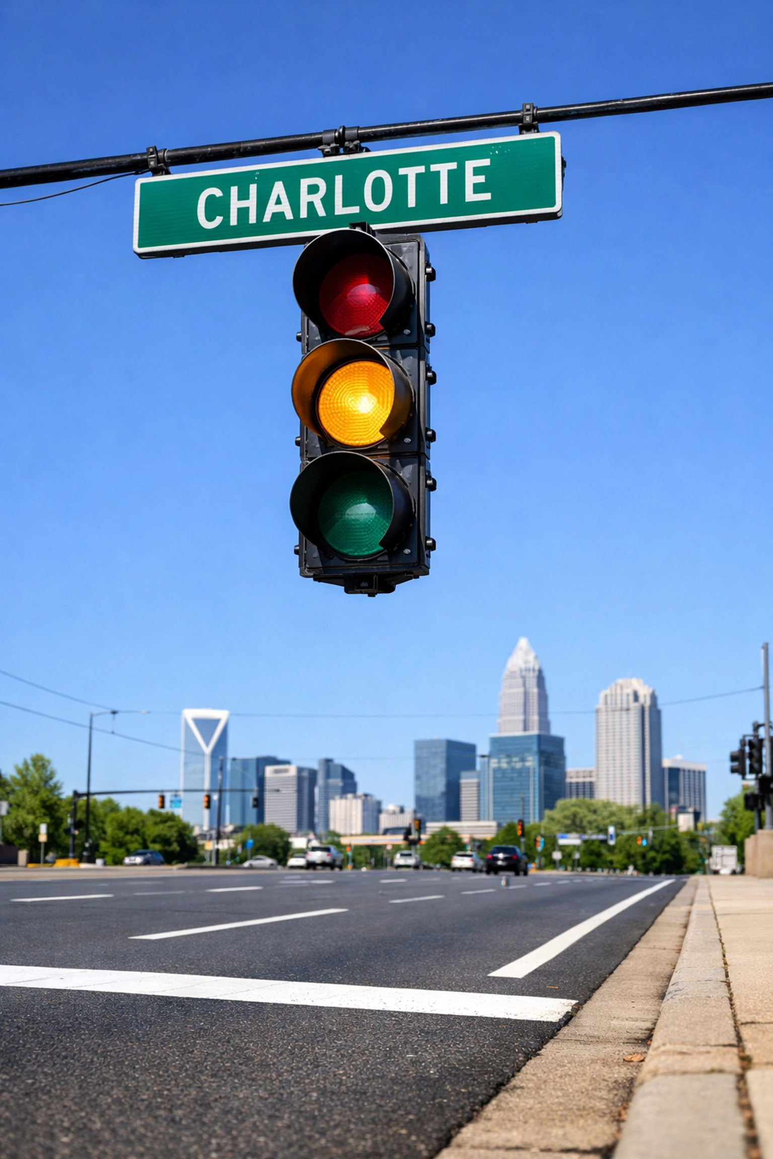 Charlotte traffic light turning yellow at a busy intersection.