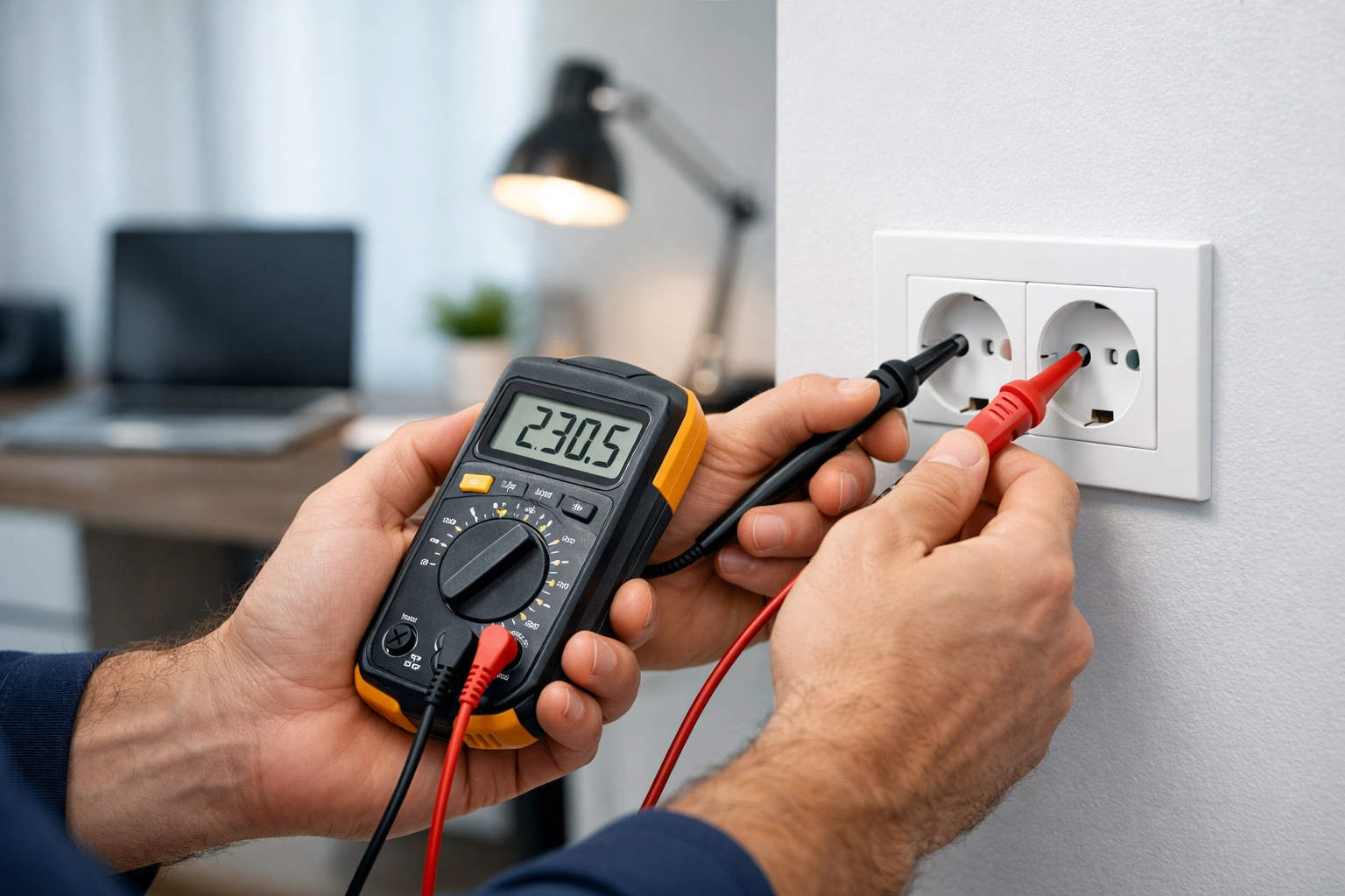 Professional electricians in Dorset conducting electrical safety testing on a home office socket.