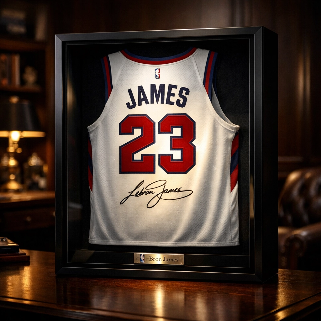 Autographed NBA jersey mounted in a black shadow box with UV-protective glass to prevent ink fading.