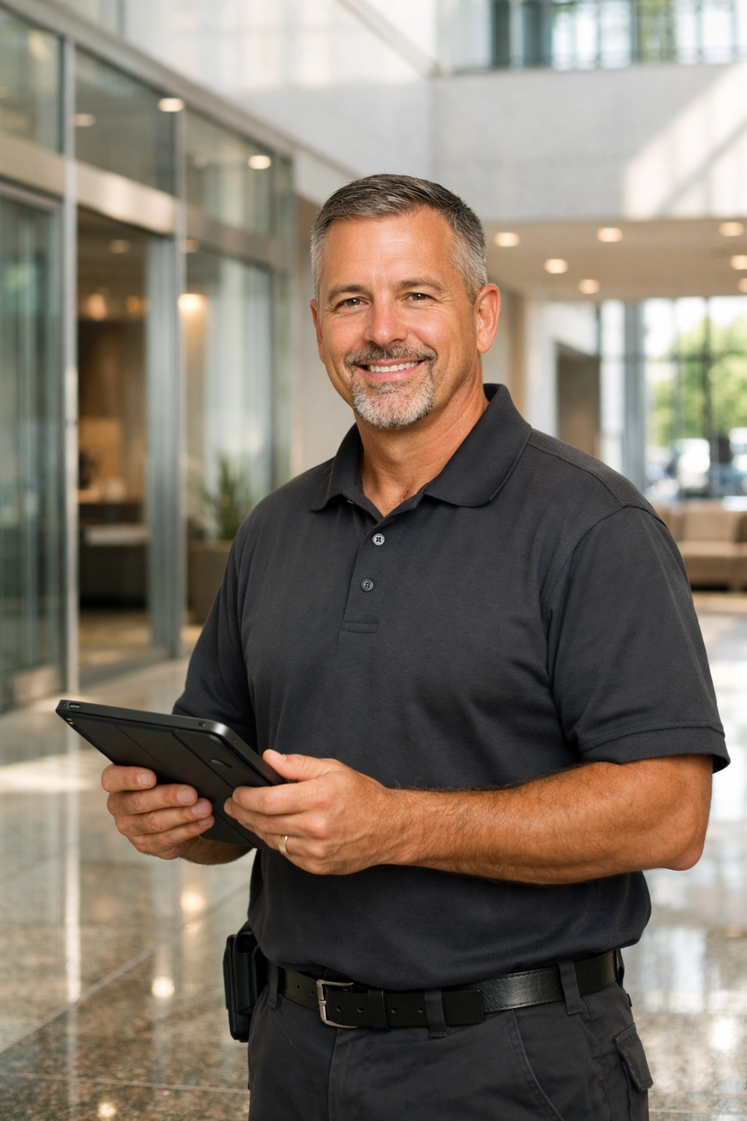 A professional maintenance worker managing facility services in a clean NYC commercial lobby.