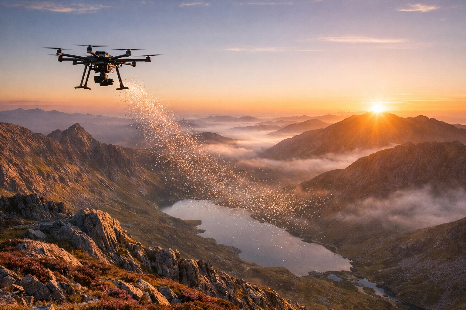 Drone ash scattering over the majestic mountain peaks of Snowdonia, North Wales, during sunrise.