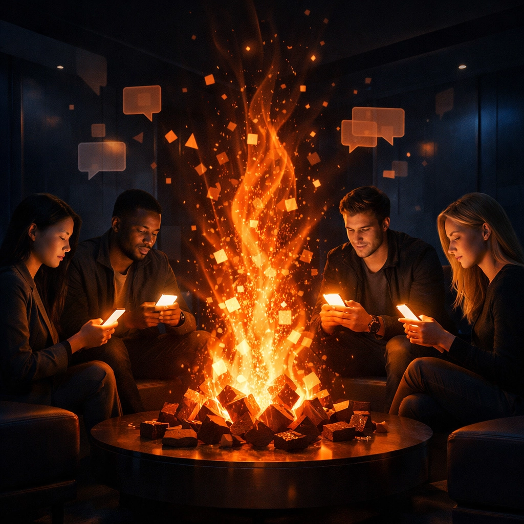 Professionals gathered around a digital campfire representing private social communities and community-led growth.