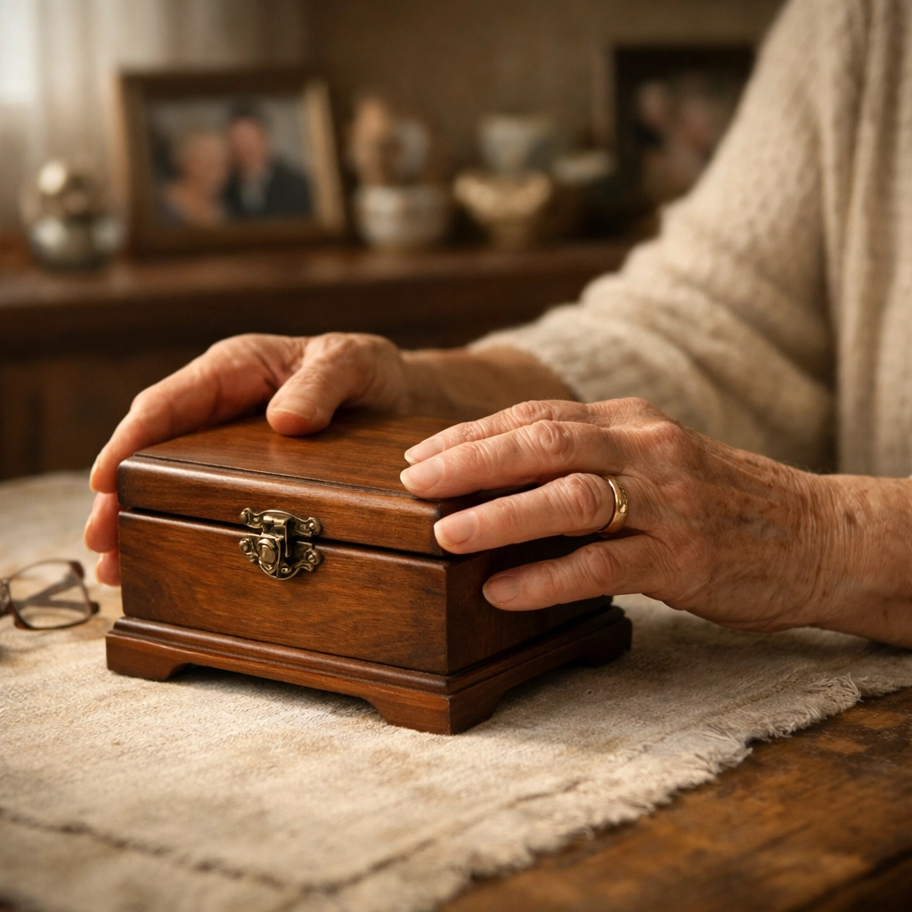 Hands holding cherished keepsakes during downsizing decision in South Jersey home