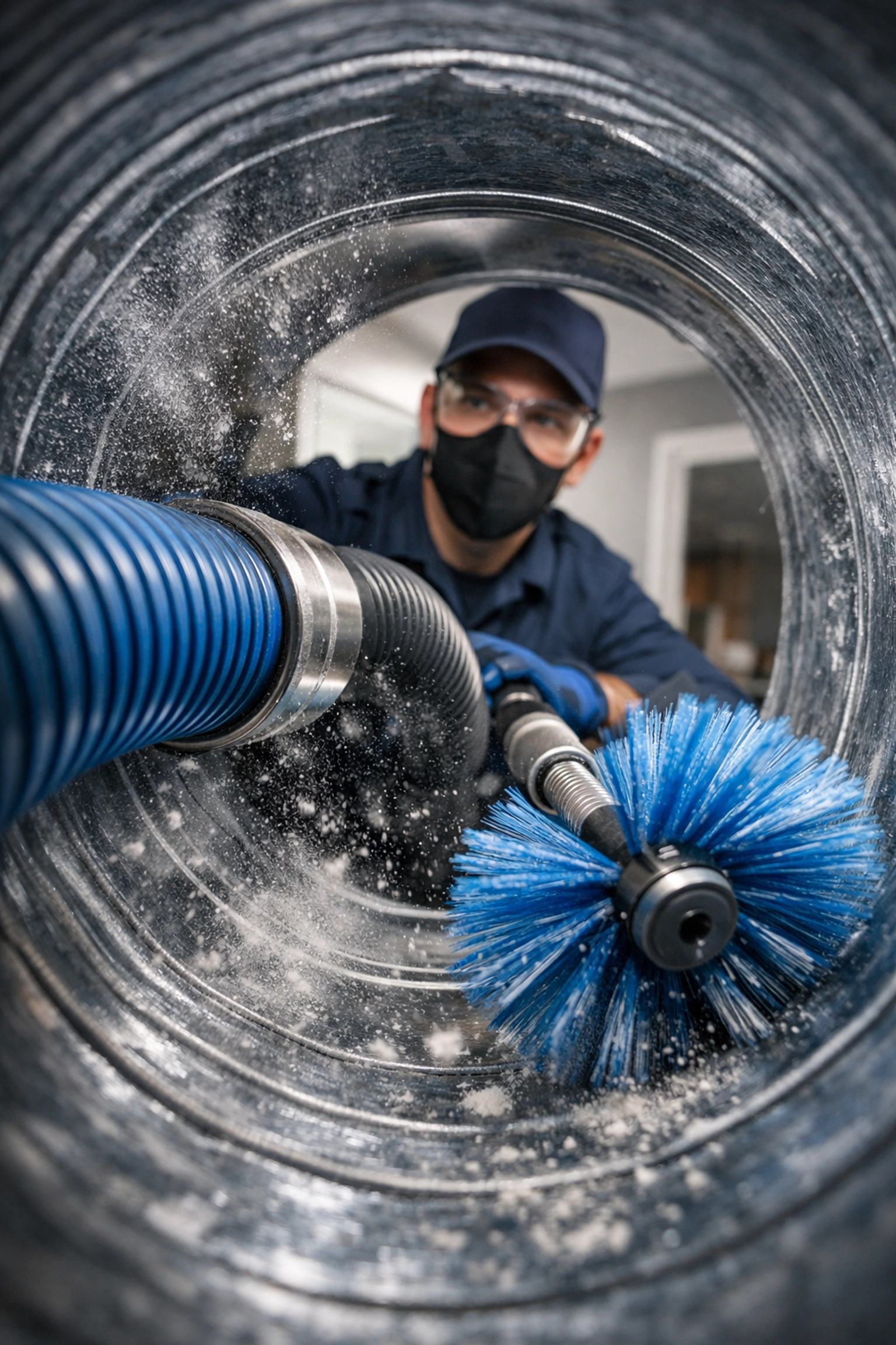Professional HVAC technician performing air duct cleaning service with specialized equipment