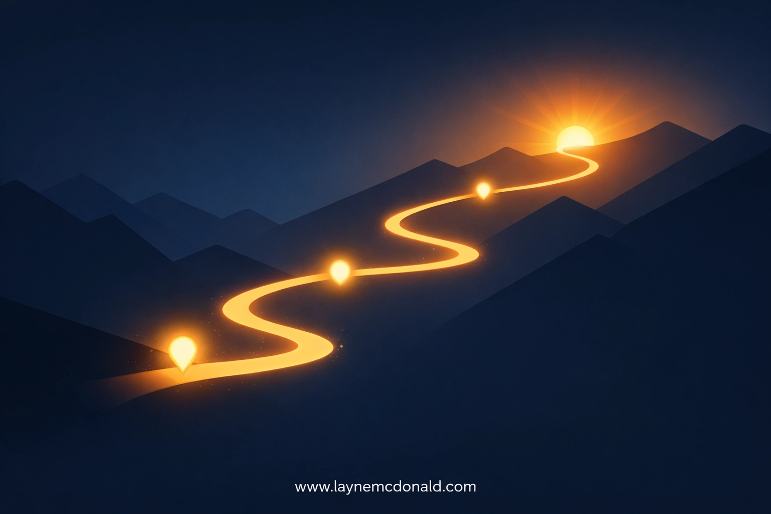 Three-step path from brokenness to breakthrough with glowing waypoints ascending toward hope