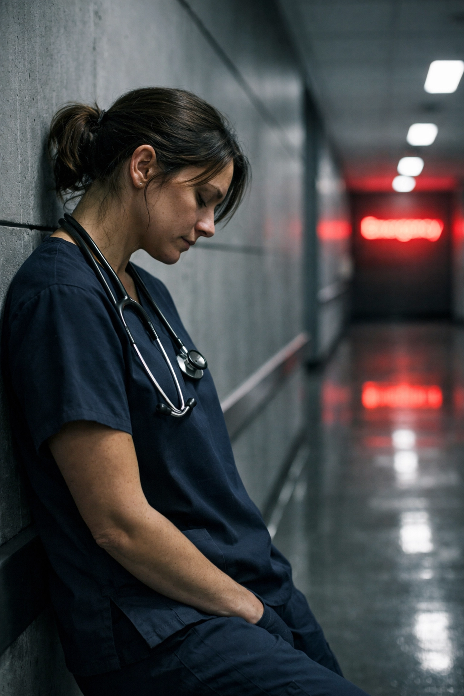 Exhausted nurse in hospital hallway illustrating the Canadian healthcare workforce talent squeeze.