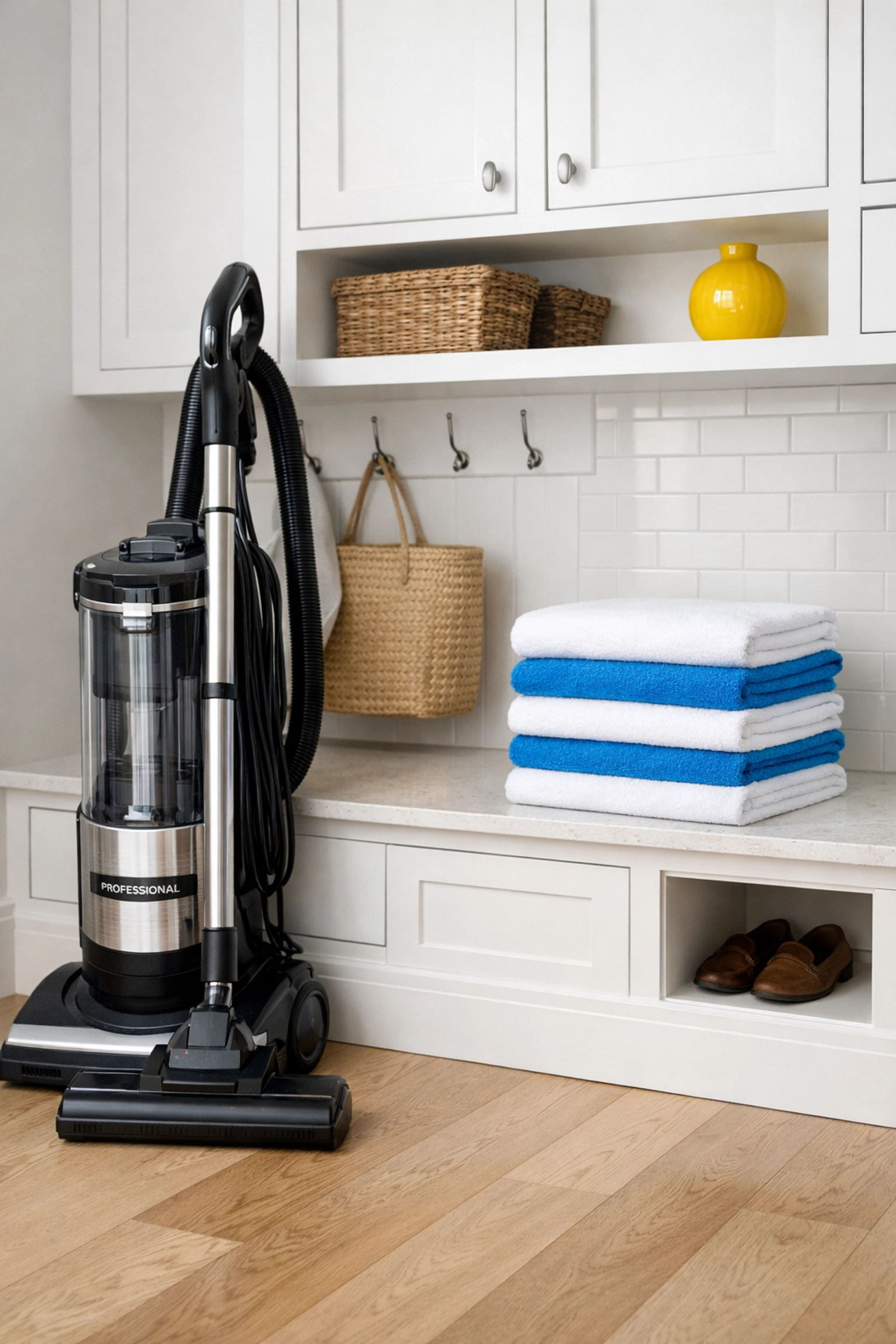 Clean vacuum and fresh towels ready for a professional maid service Worcester home visit.