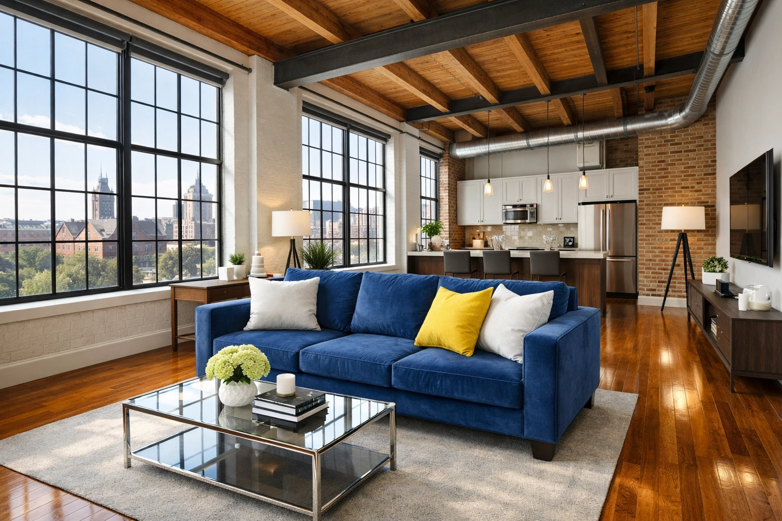 Modern Worcester loft with clean hardwood floors maintained by professional maid services Worcester.