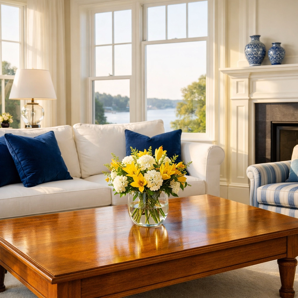 Tidy living room in Leominster MA showing the results of professional house cleaning services.