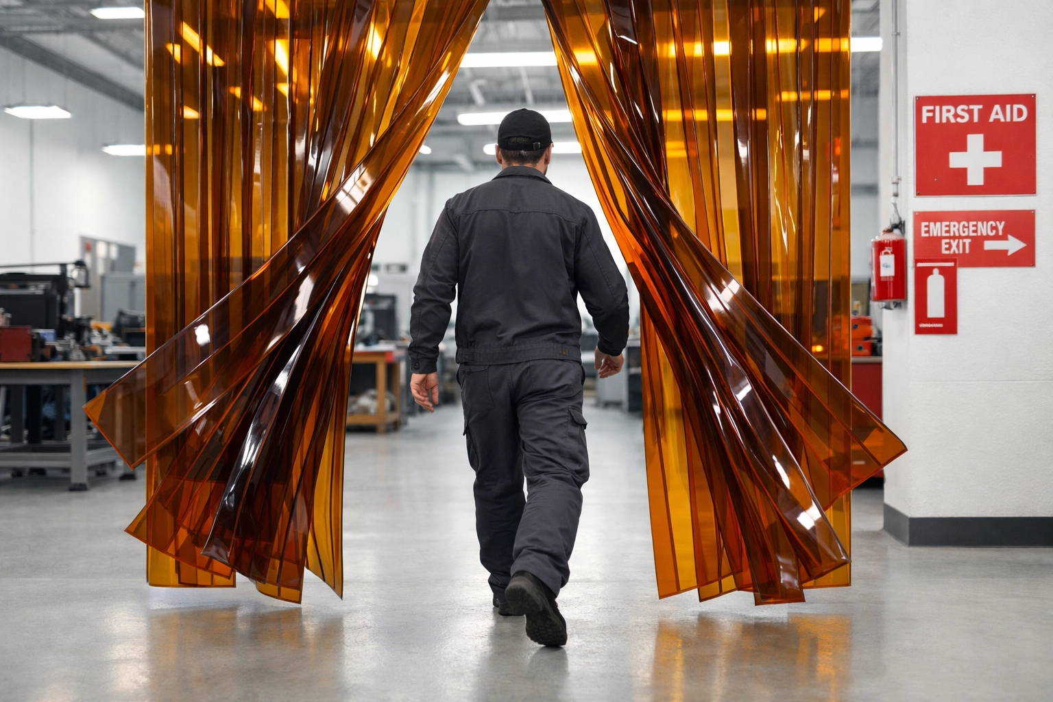 Flexible amber PVC welding strips allowing hands-free access while maintaining a safe welding environment.