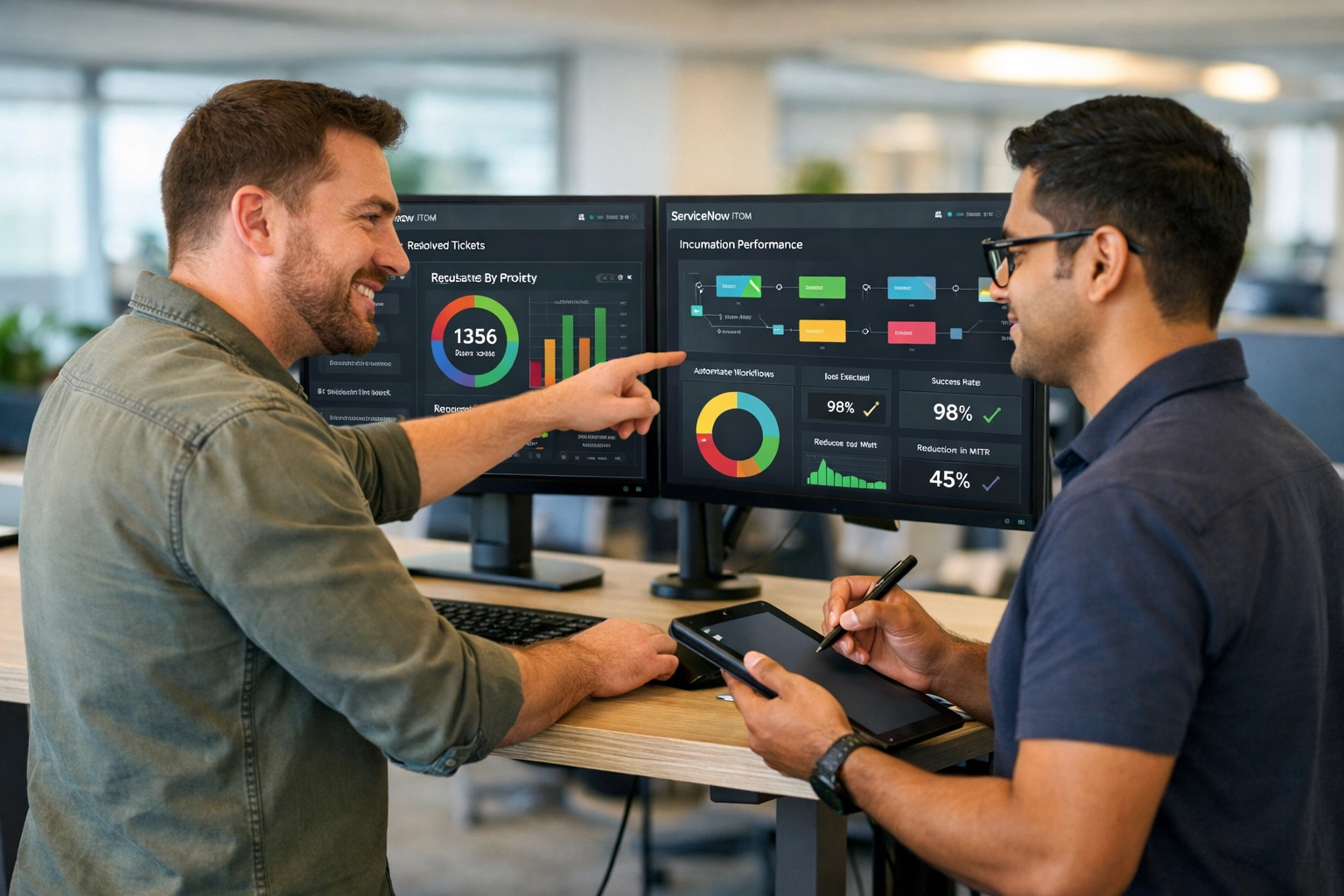 IT professionals analyzing ServiceNow ITOM automation dashboards with incident resolution workflows