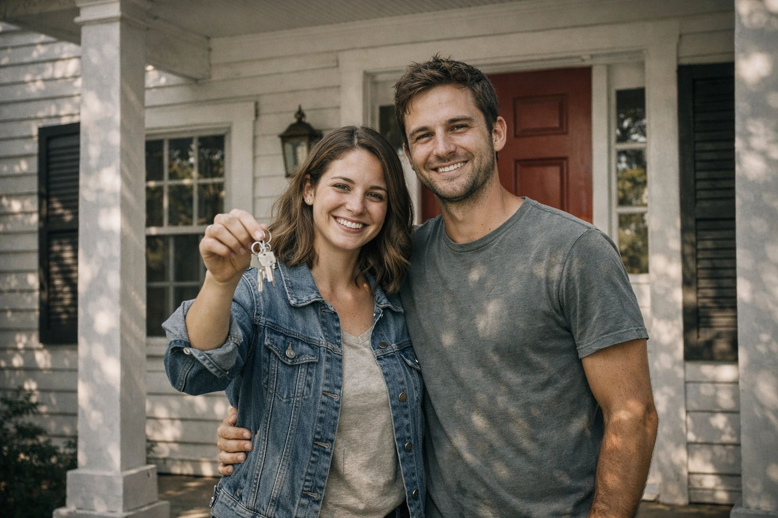 Happy homebuyers holding keys in front of their new Malden MA single family home