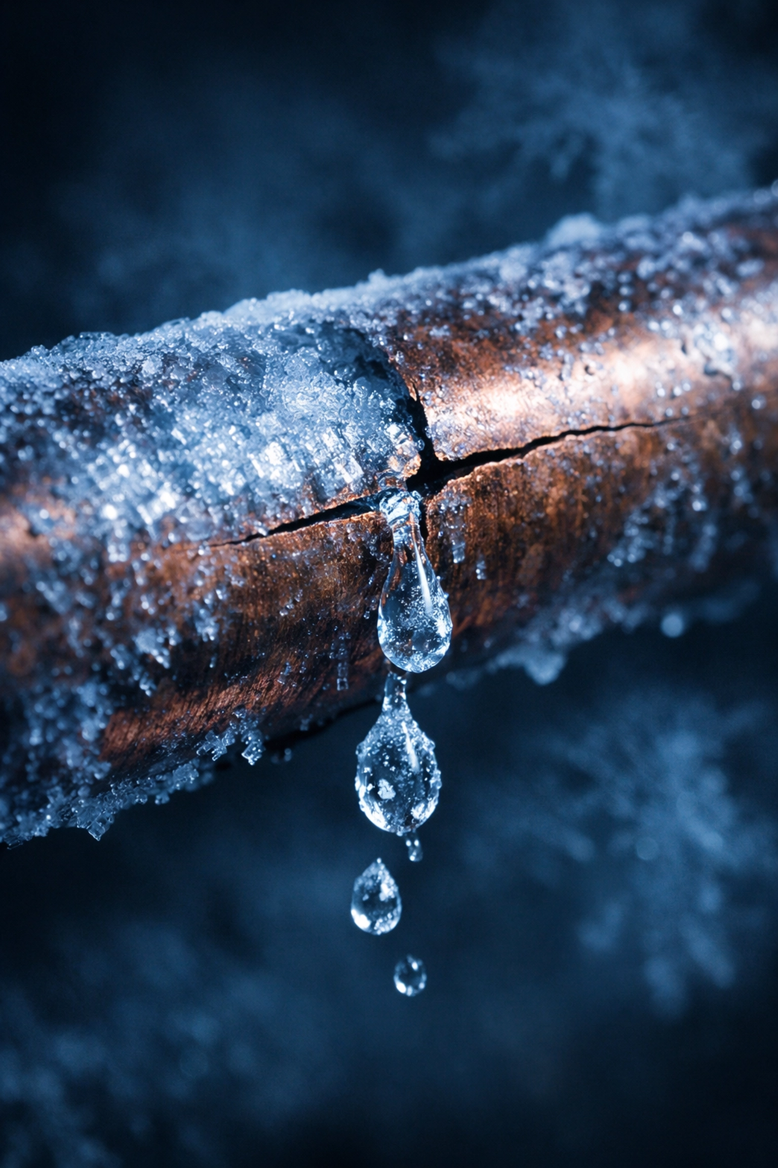 Frozen copper pipe with ice crystals and crack showing winter burst damage risk
