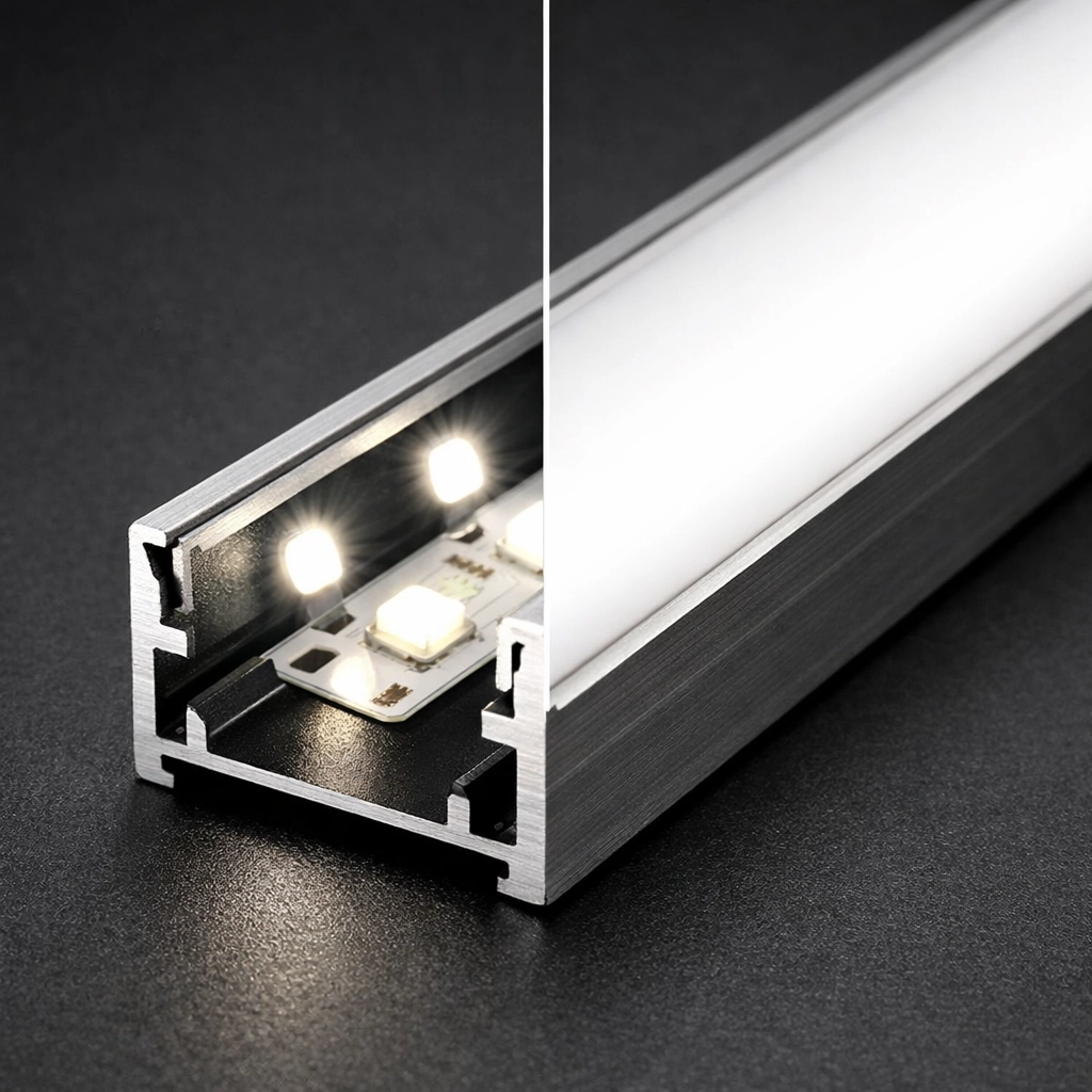 Split view of an aluminum LED channel showing raw hotspots versus a seamless dot-free glow using an opal diffuser.