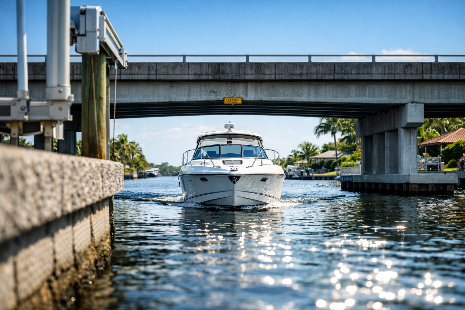 Motorboat in a Cape Coral canal showing bridge clearance, seawall, and a private boat lift.