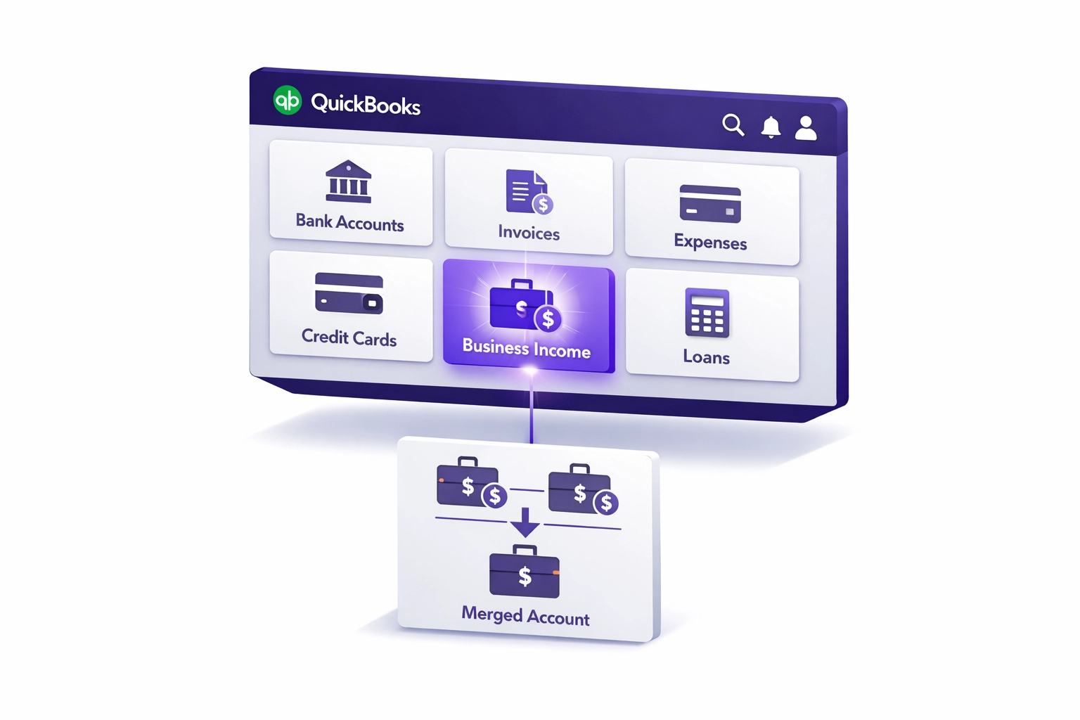 QuickBooks dashboard showing chart of accounts consolidation during bookkeeping cleanup