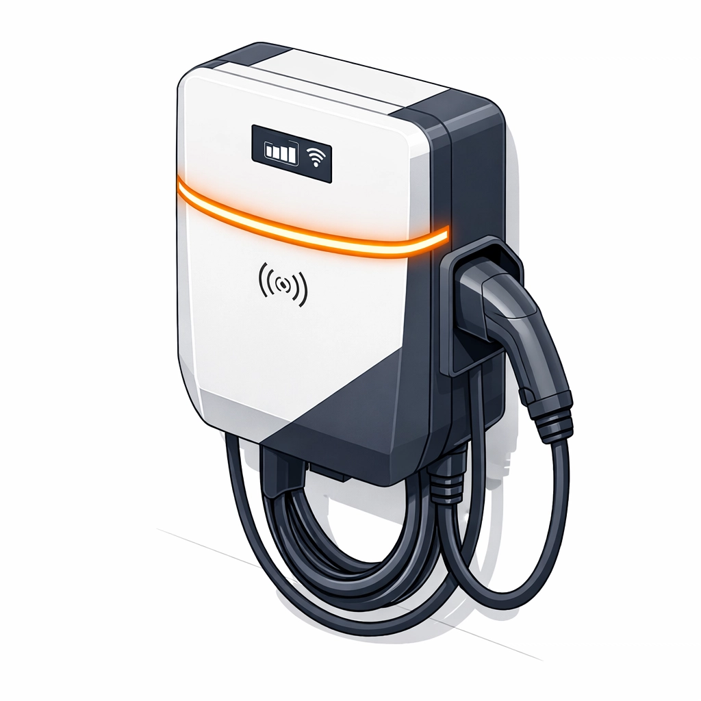 Technische Darstellung einer modernen, förderfähigen Wallbox-Ladestation für E-Autos in Wien.