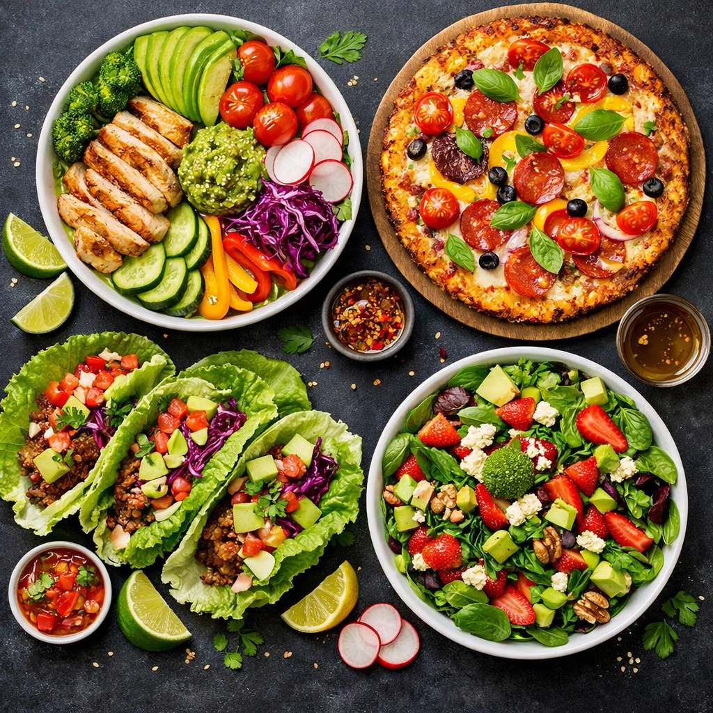 Healthy keto food truck catering options including bowls, pizza, and tacos in Utah