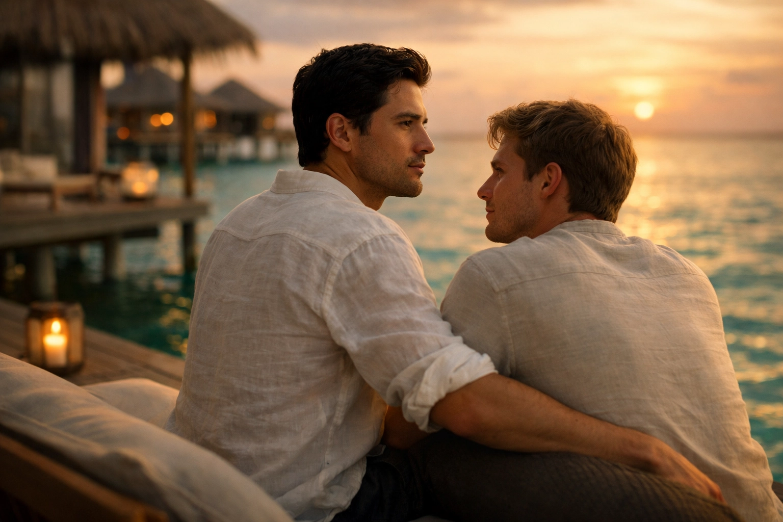 Two men sharing intimate moment on Maldives villa deck at sunset - MM romance beyond transaction
