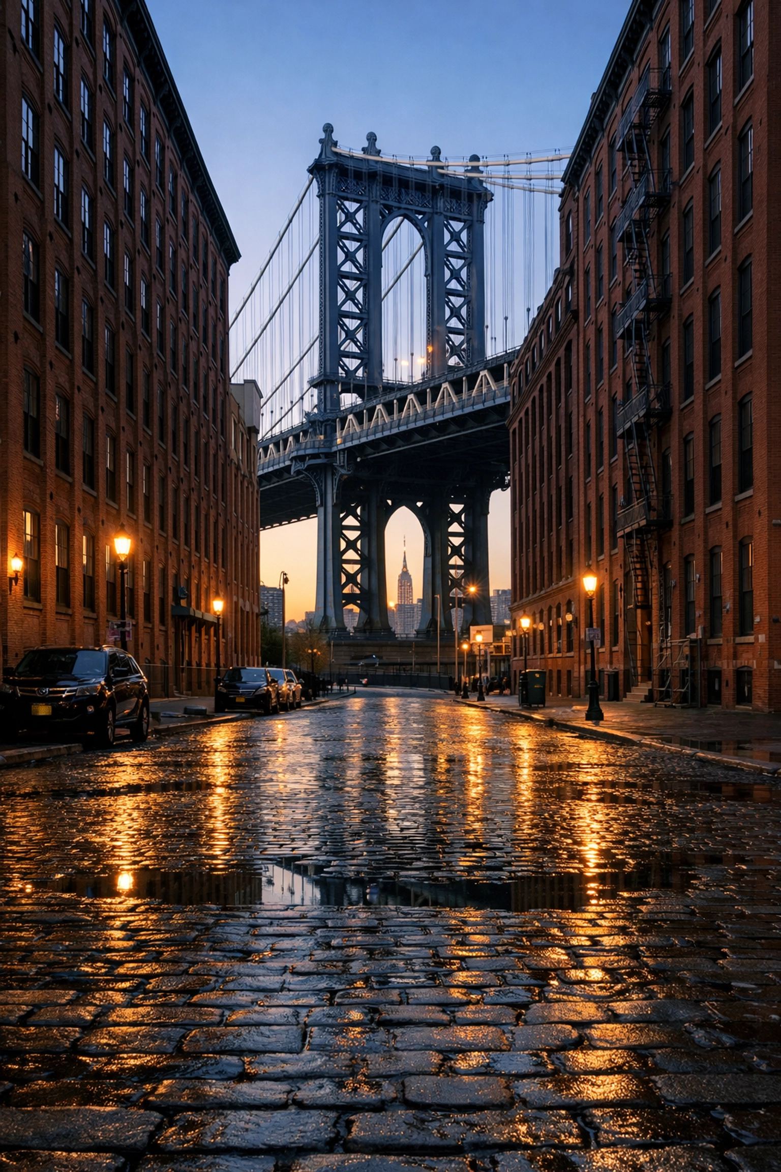 Sunrise view of the Manhattan Bridge from DUMBO, one of the best places to take pictures in NYC.