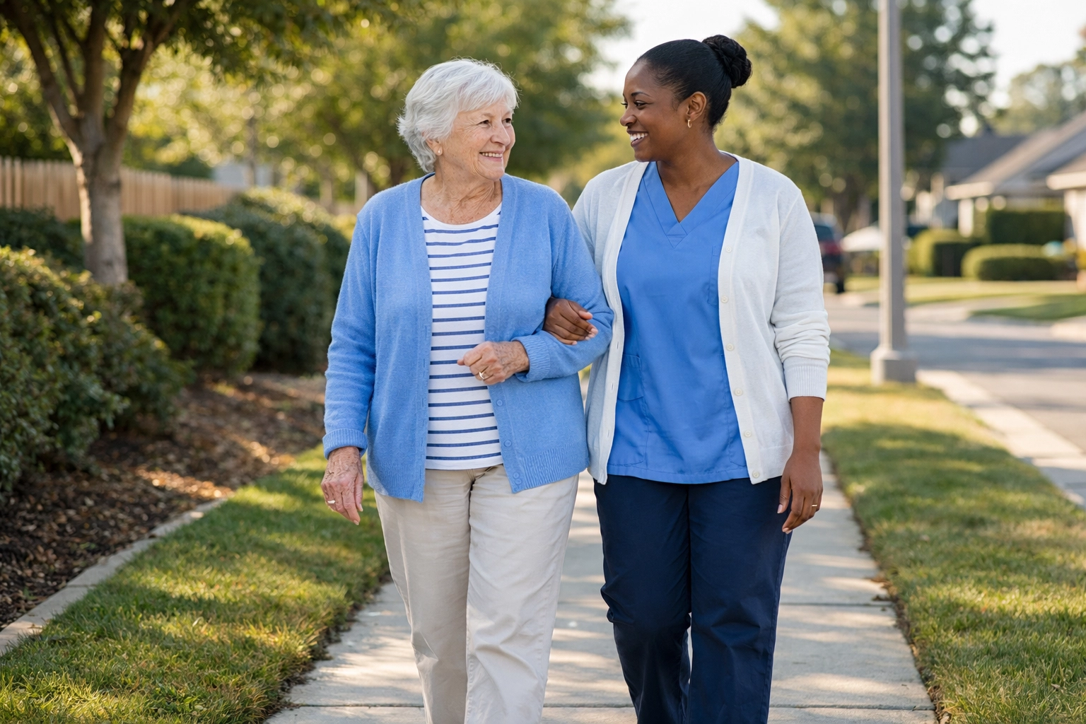 Professional caregiver walking with senior in Warrenton community providing consistent home care support