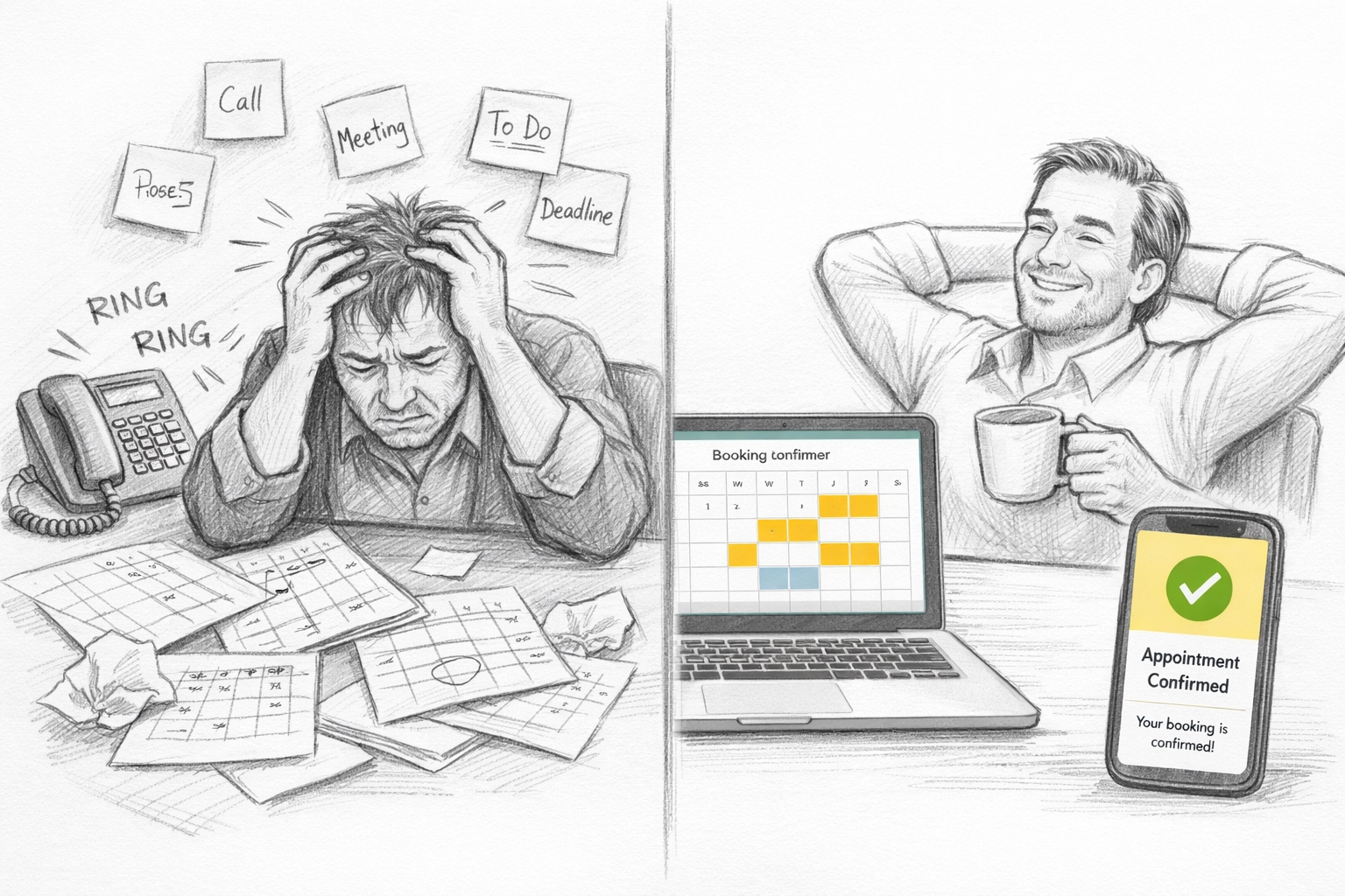 Side-by-side comparison of chaotic manual scheduling versus streamlined online booking system