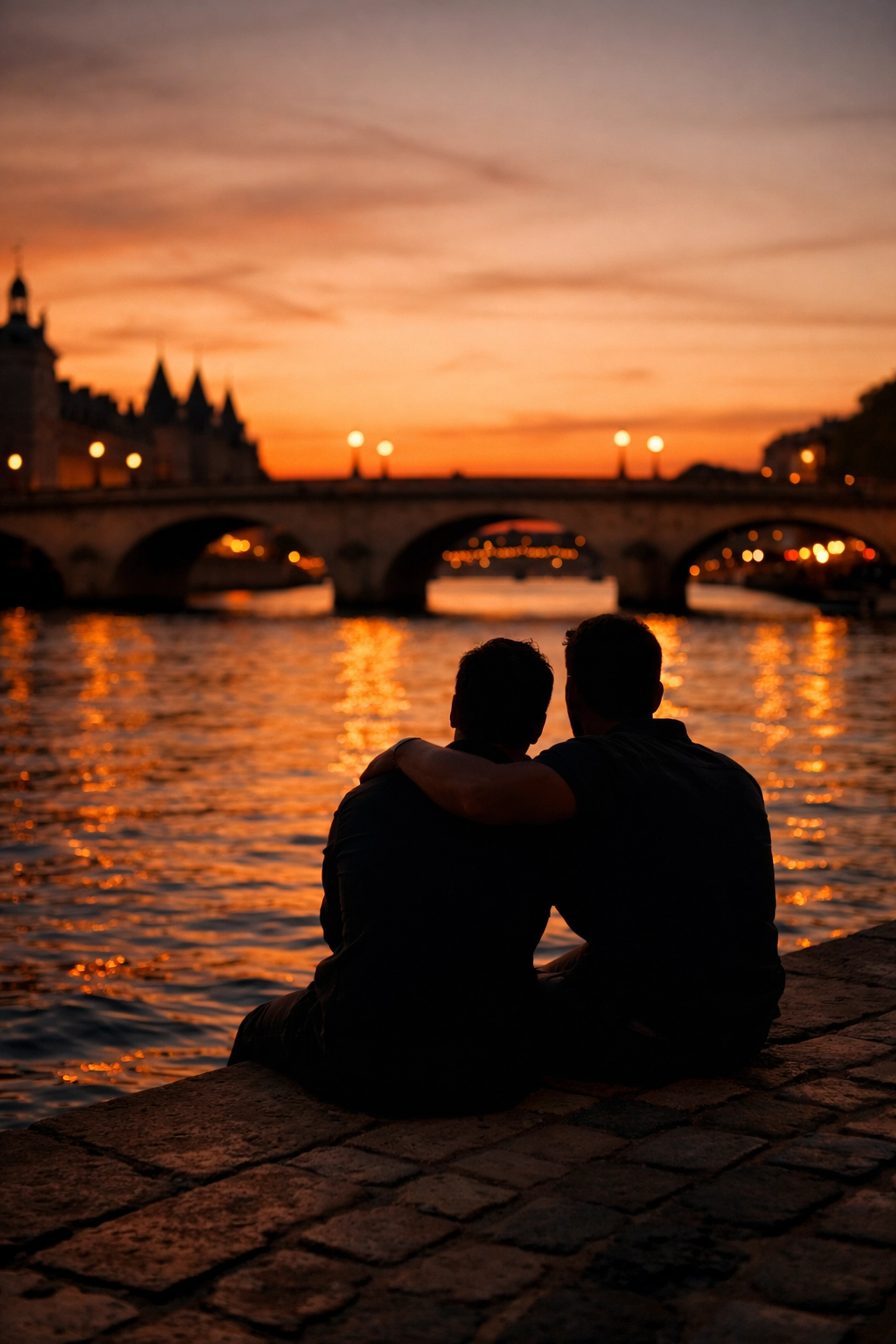 Two men embracing on Seine River embankment at sunset in romantic Paris setting