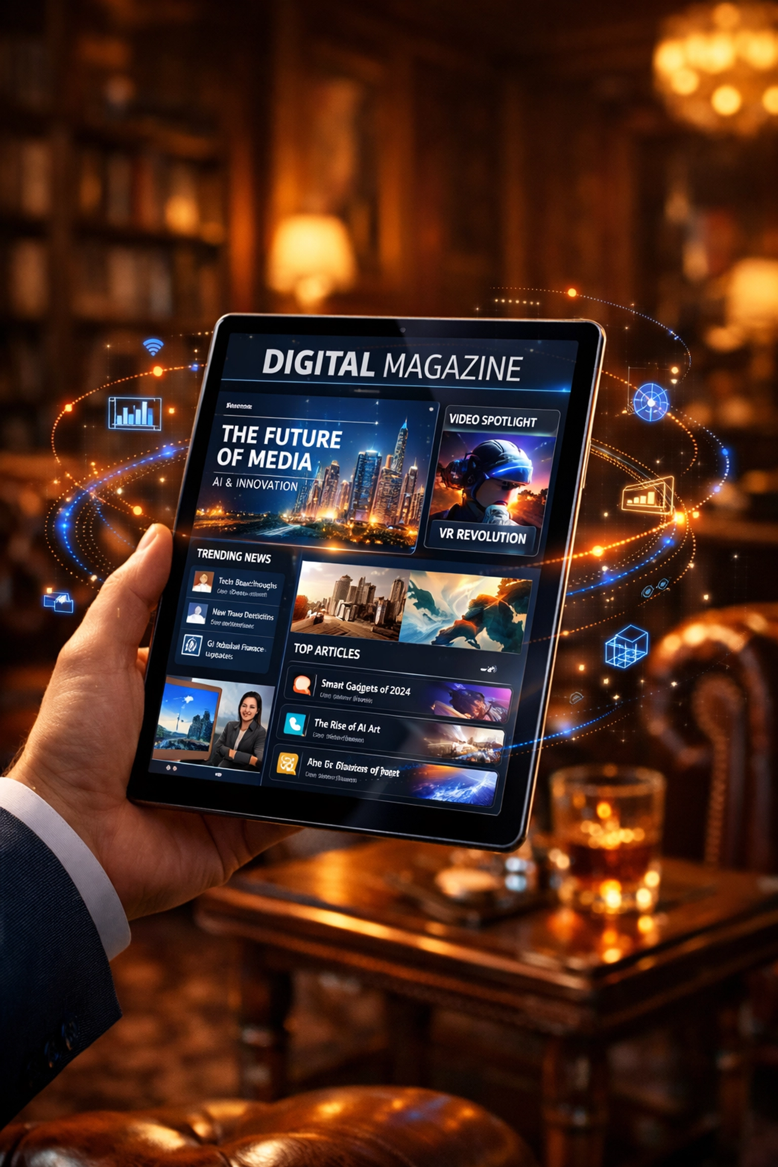 A sleek tablet showing a digital magazine interface for luxury brands, representing modern media solutions.