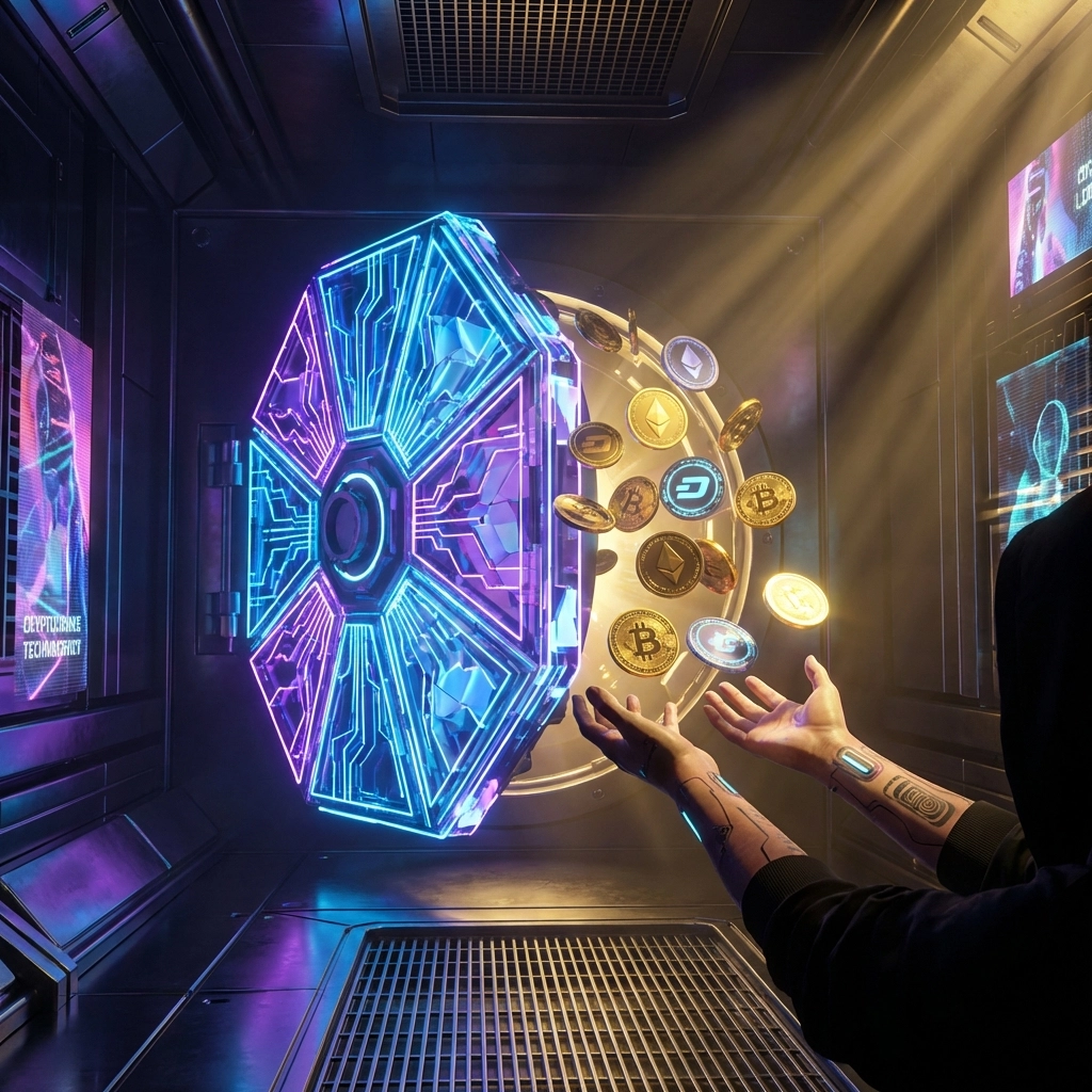 A digital vault bursts open with glowing crypto coins, representing self-custody and bank-free business for merchants.