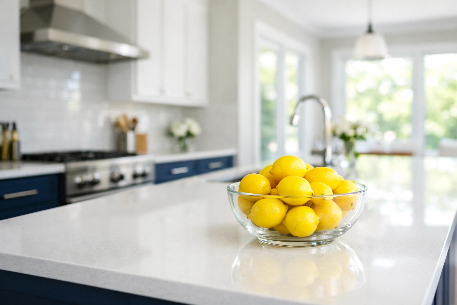 Spotless modern kitchen in Berlin, MA, featuring clean quartz countertops after a weekly house cleaning.