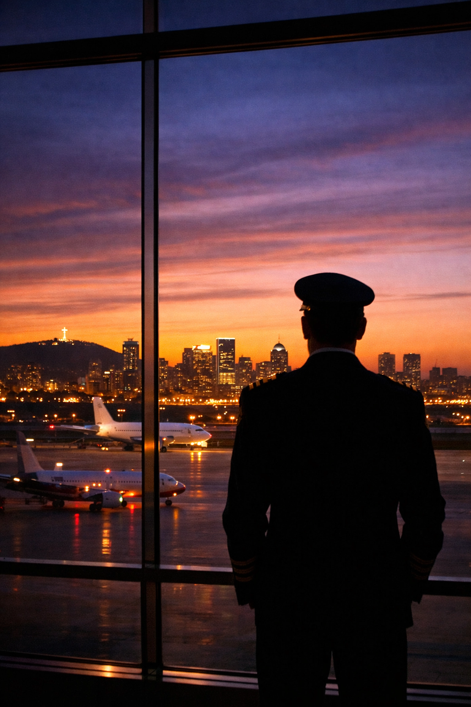 A pilot silhouette looking at the Montreal sunset in a final tribute to Antoine Forest and Mackenzie Gunther.