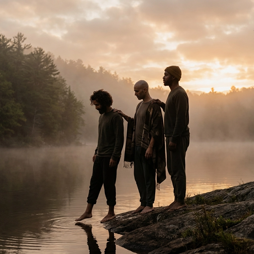 Diverse gay men at a lake at sunset, showcasing body positivity and the natural male form in art.