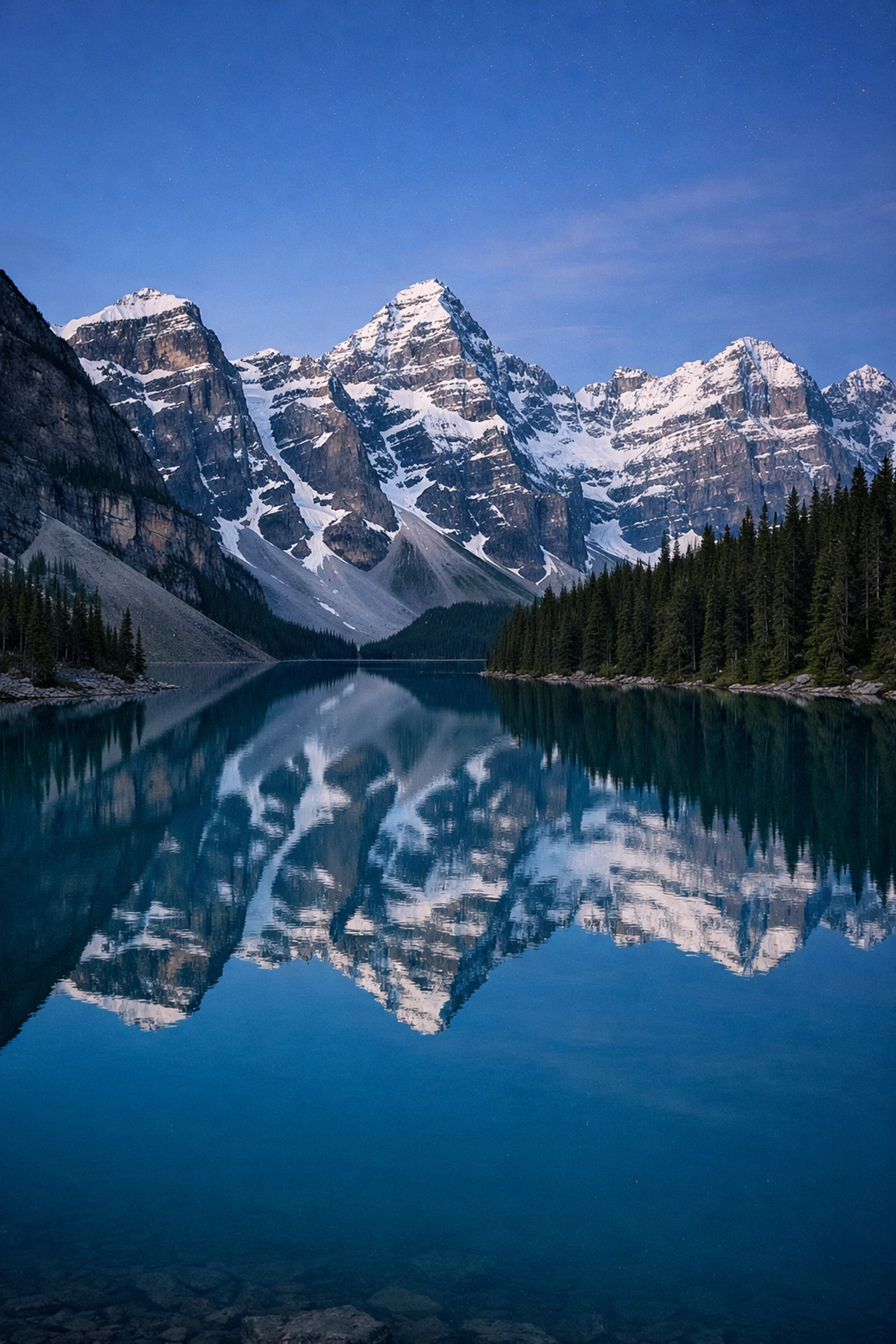 Perfectly edited landscape photo of an alpine lake reflection with natural and realistic colors.