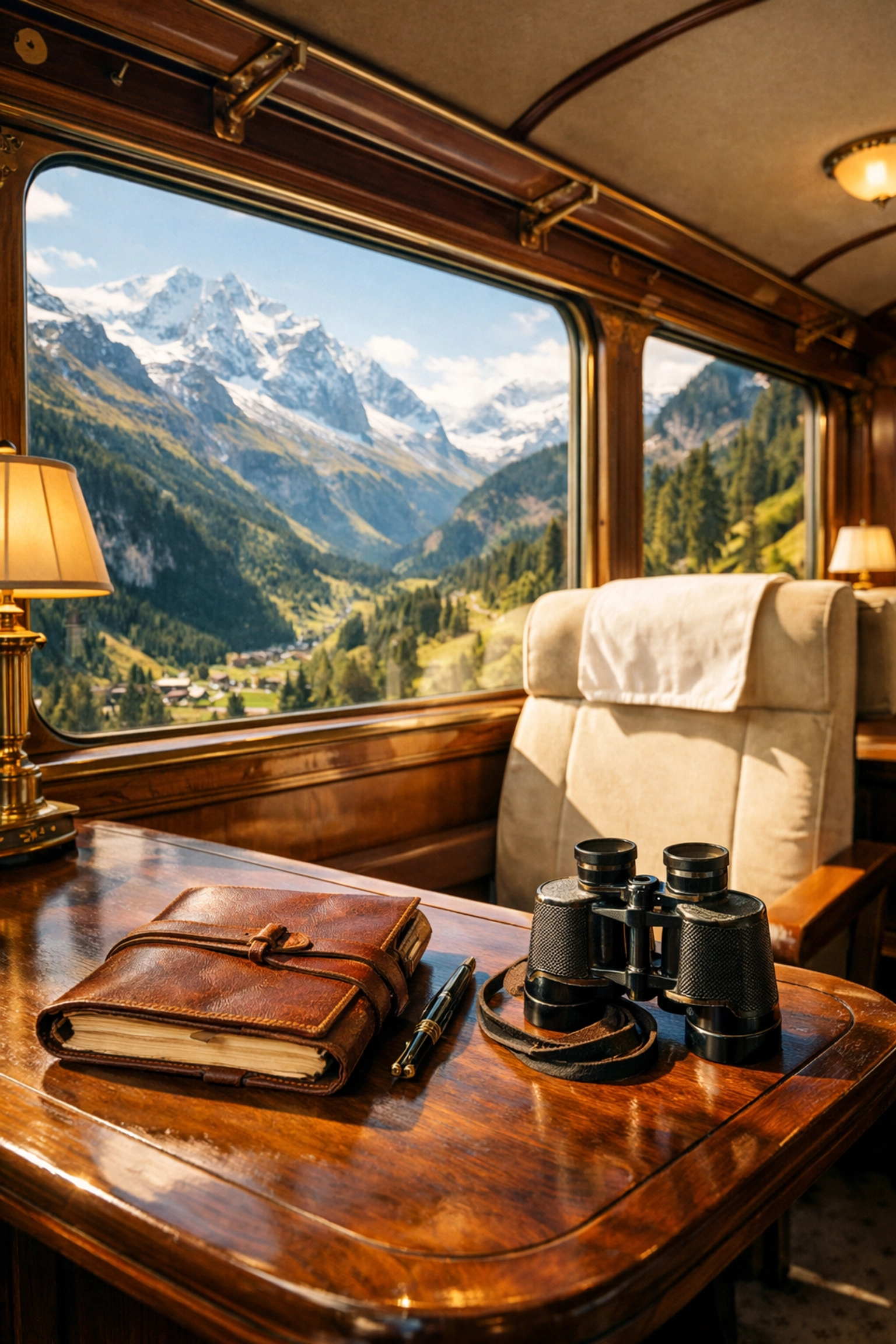 Luxury vintage train carriage traveling through the scenic Swiss Alps with snow-capped mountain views.